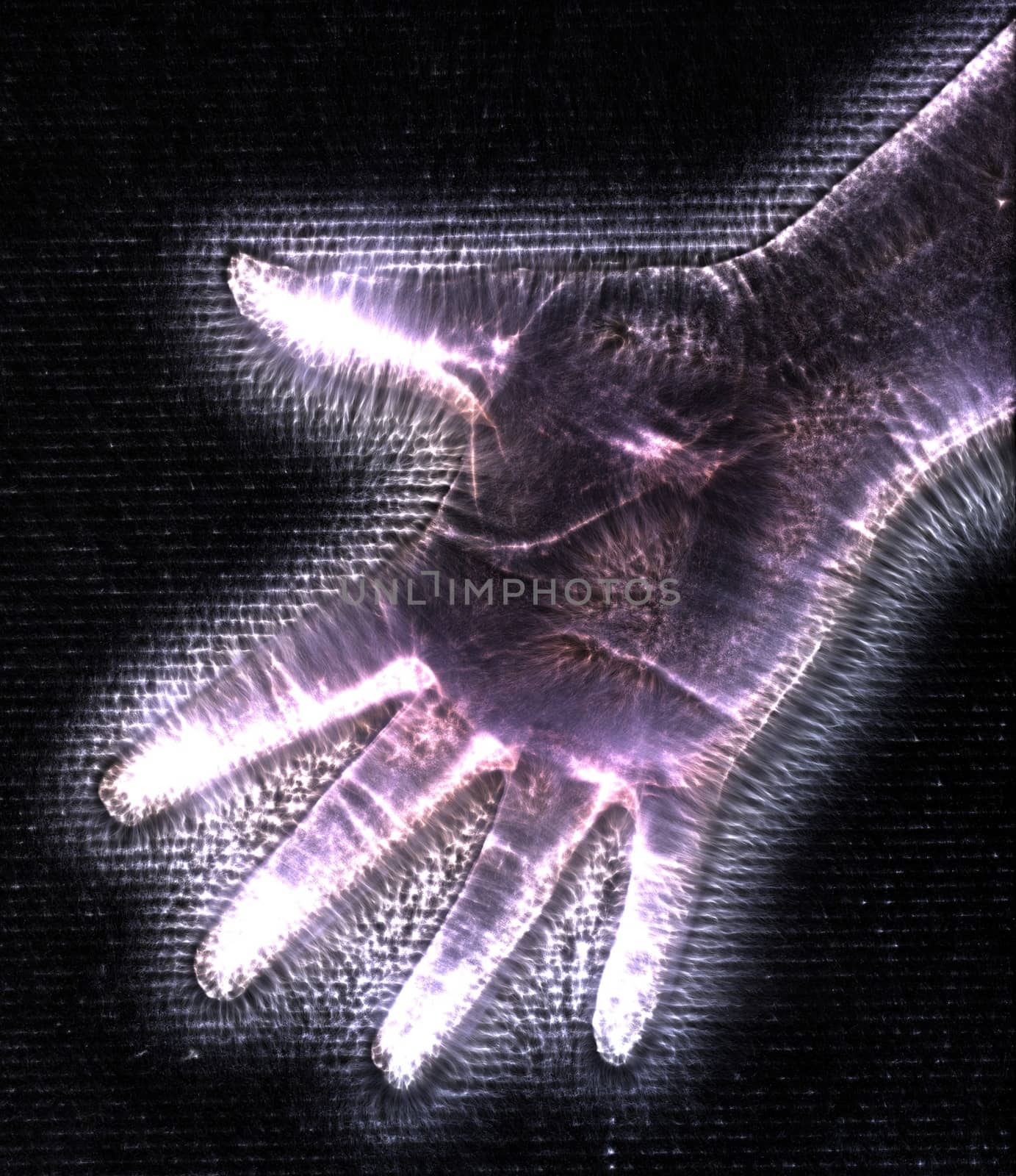 3D-Illustration of a glowing human female hand with a kirlian aura showing different symbols.