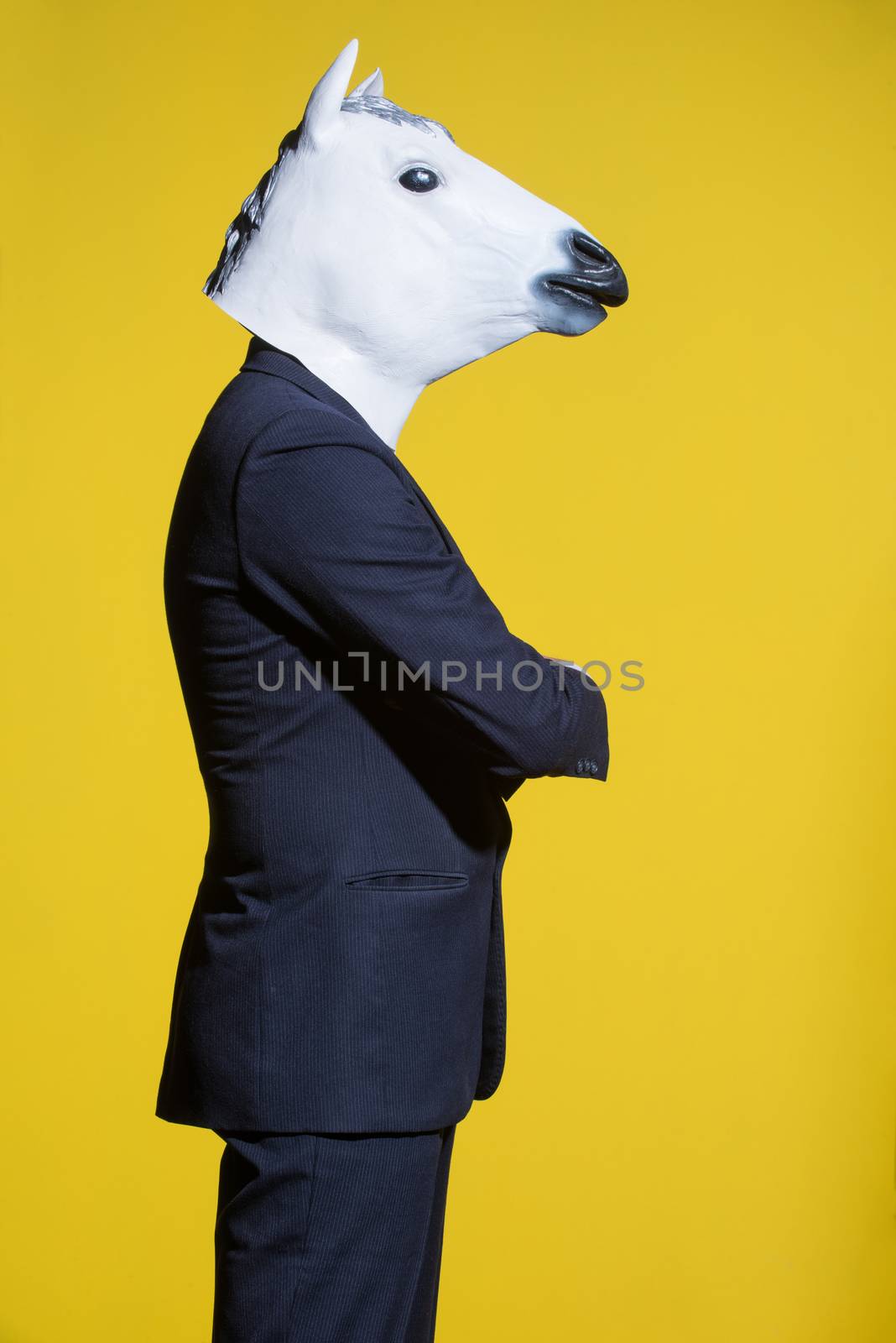 A man in a suit and a horse mask on a yellow background. Conceptual business background