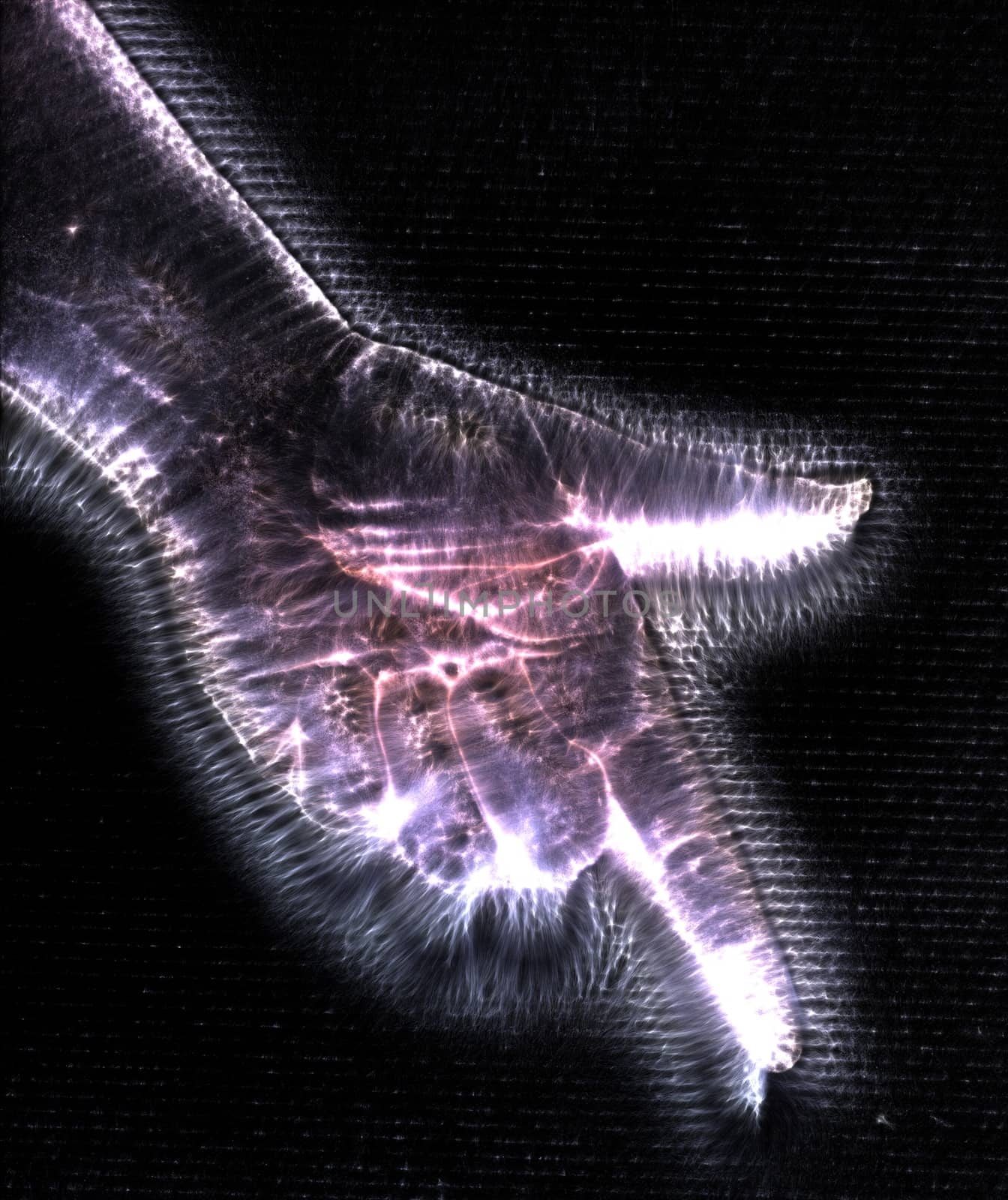 3D-Illustration of a glowing human female hand with a kirlian aura showing different symbols.