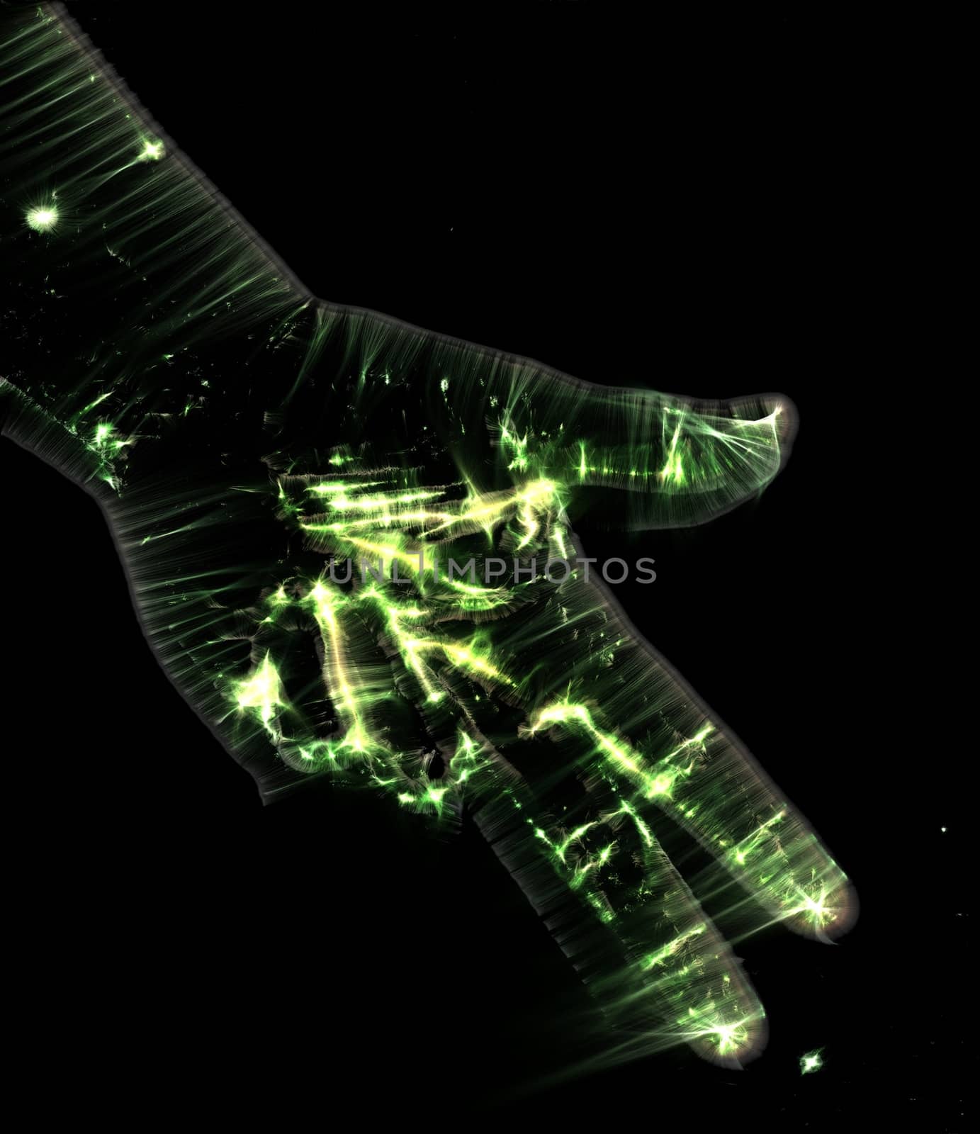 3D-Illustration of a glowing human female hand with a kirlian aura showing different symbols.