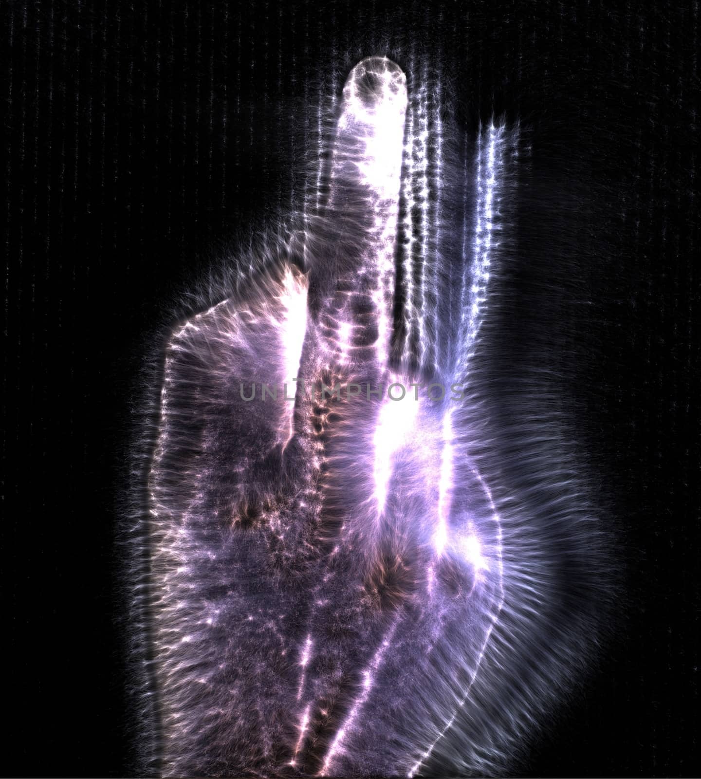 3D-Illustration of a glowing human female hand with a kirlian aura showing different symbols.