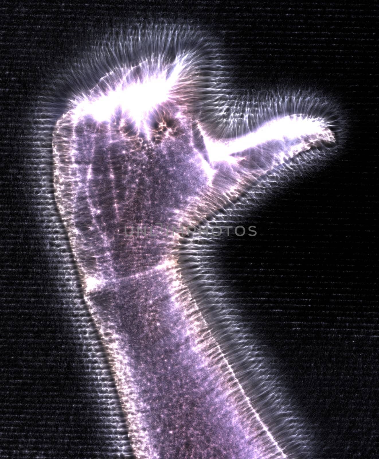 3D-Illustration of a glowing human female hand with a kirlian aura showing different symbols.