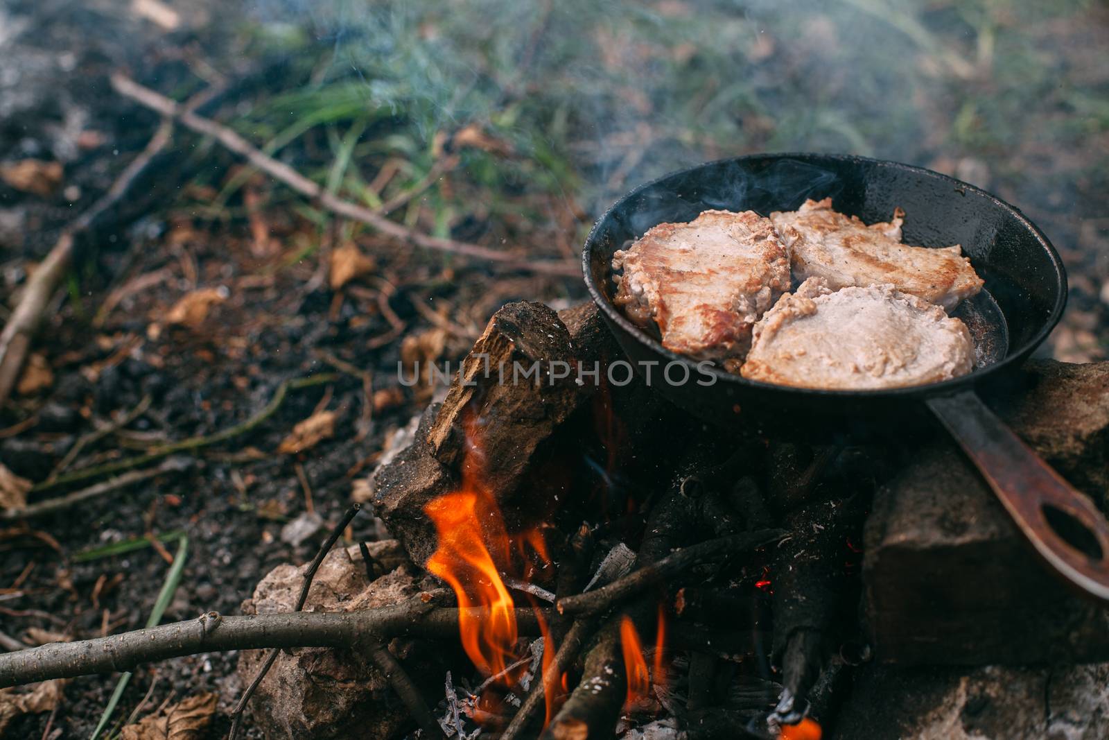 Frying meat in a pan over an open fire with leek. Steak in a pan on a fire. Cooking in nature. Picnic. Grill on fire.