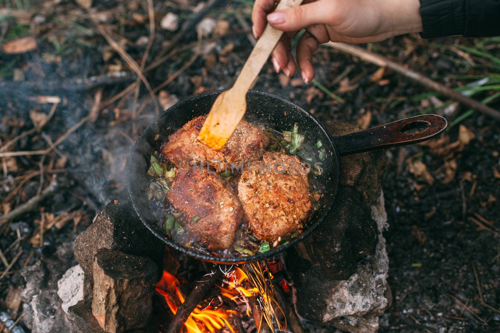 Frying meat in a pan over an open fire with leek. Steak in a pan by Opikanets