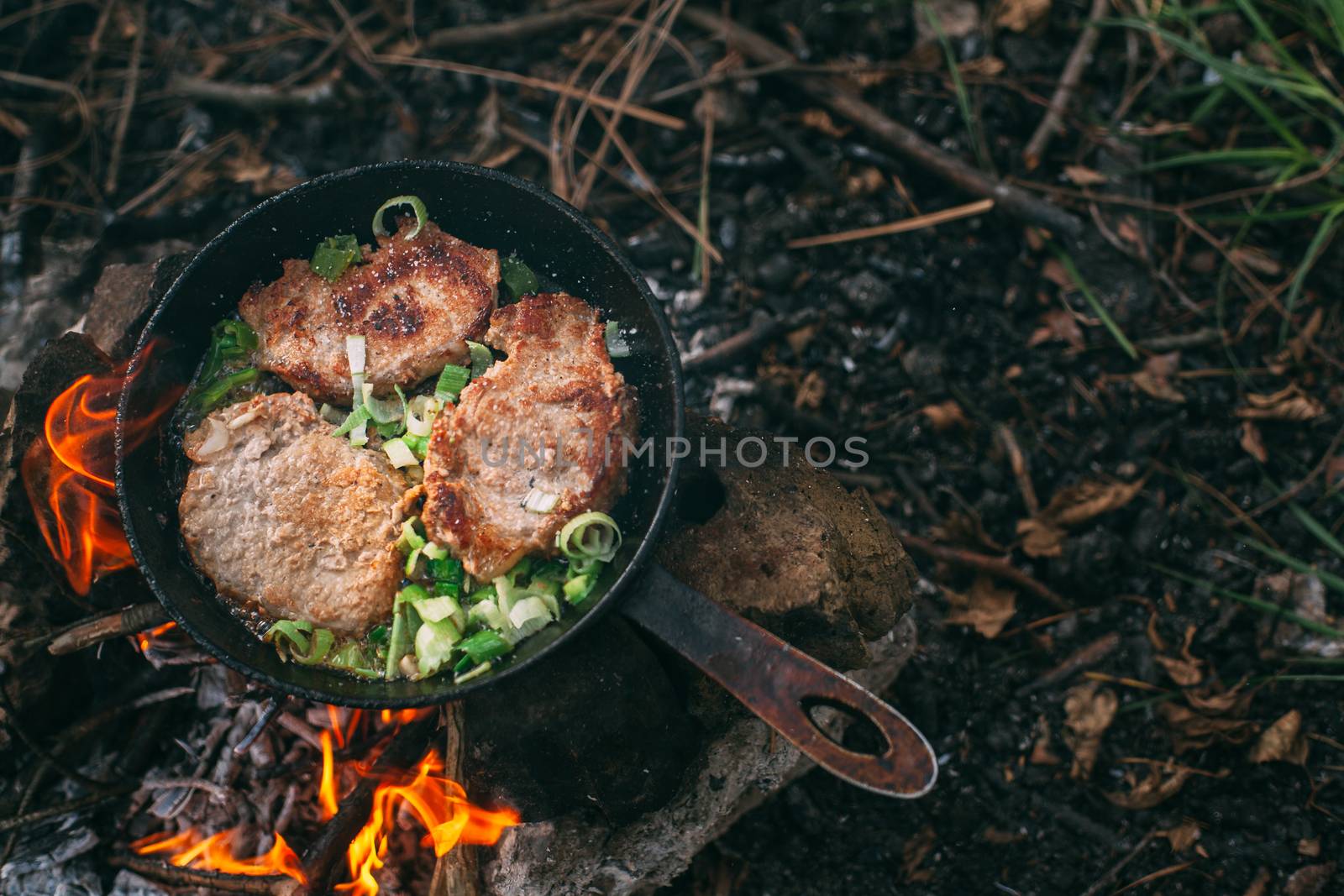 Frying meat in a pan over an open fire with leek. Steak in a pan on a fire. Cooking in nature. Picnic. Grill on fire.