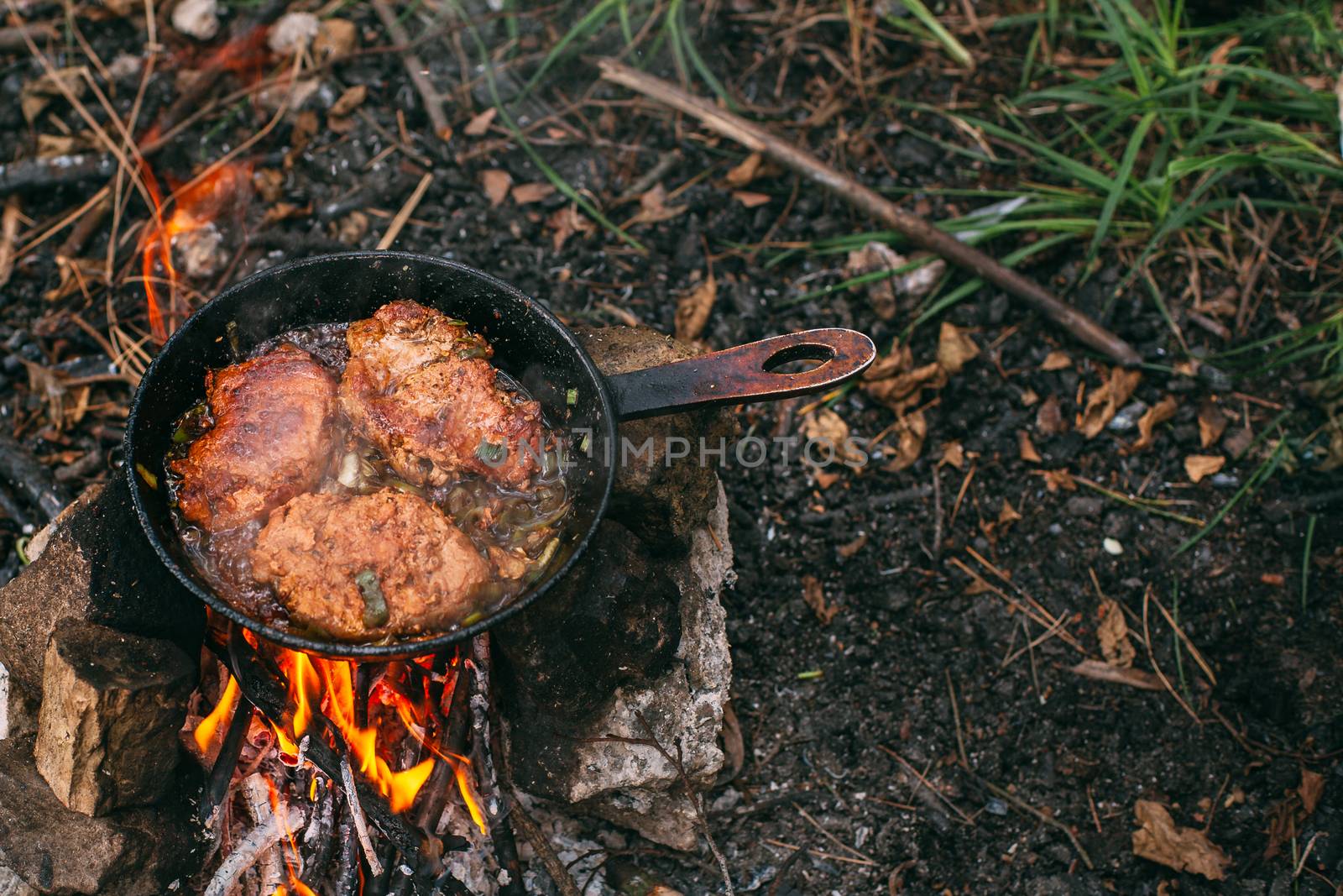 Frying meat in a pan over an open fire with leek. Steak in a pan on a fire. Cooking in nature. Picnic. Grill on fire. Cooking meat in wine.