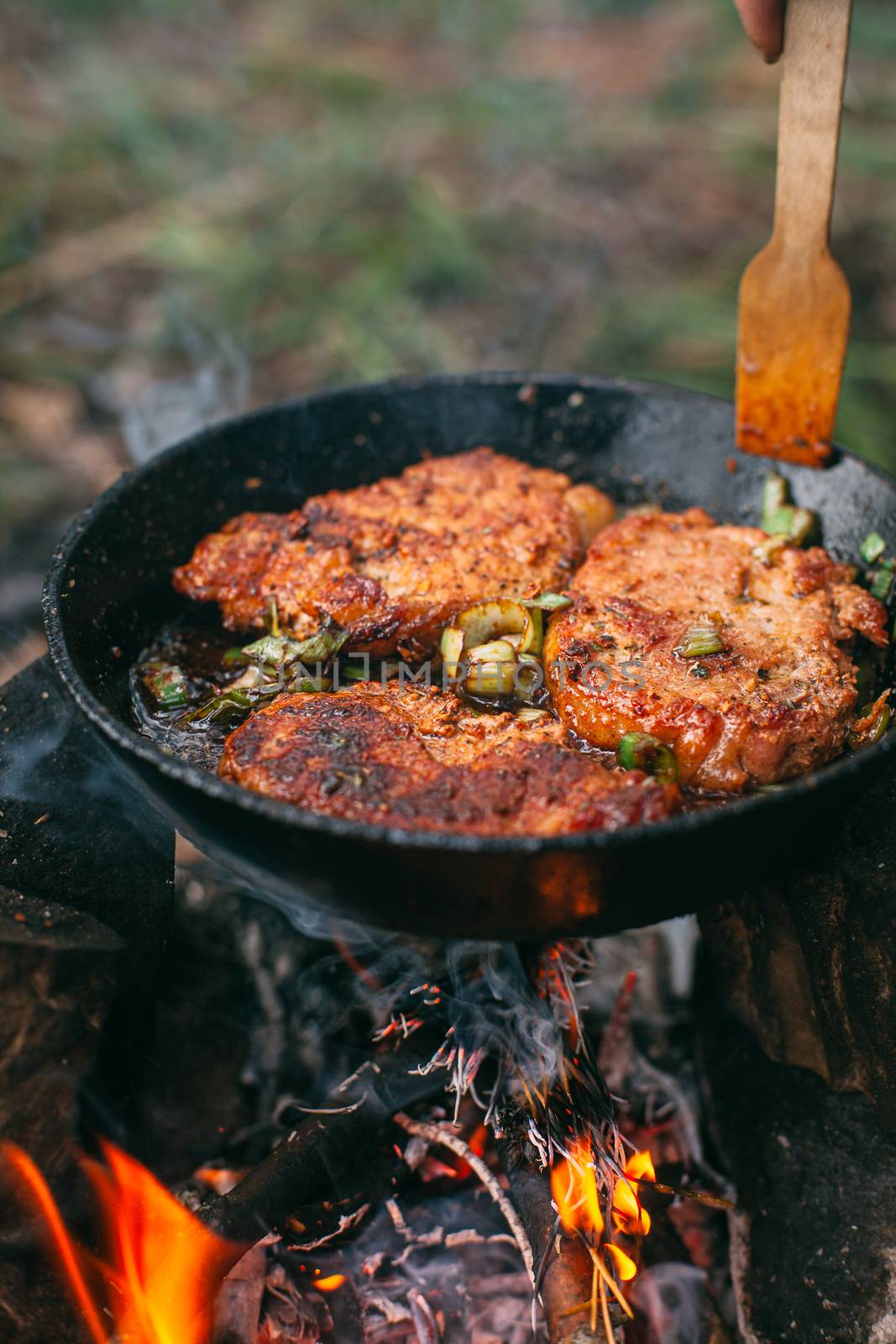 Frying meat in a pan over an open fire with leek. Steak in a pan on a fire. Cooking in nature. Picnic. Grill on fire. Hand with a wooden spatula.