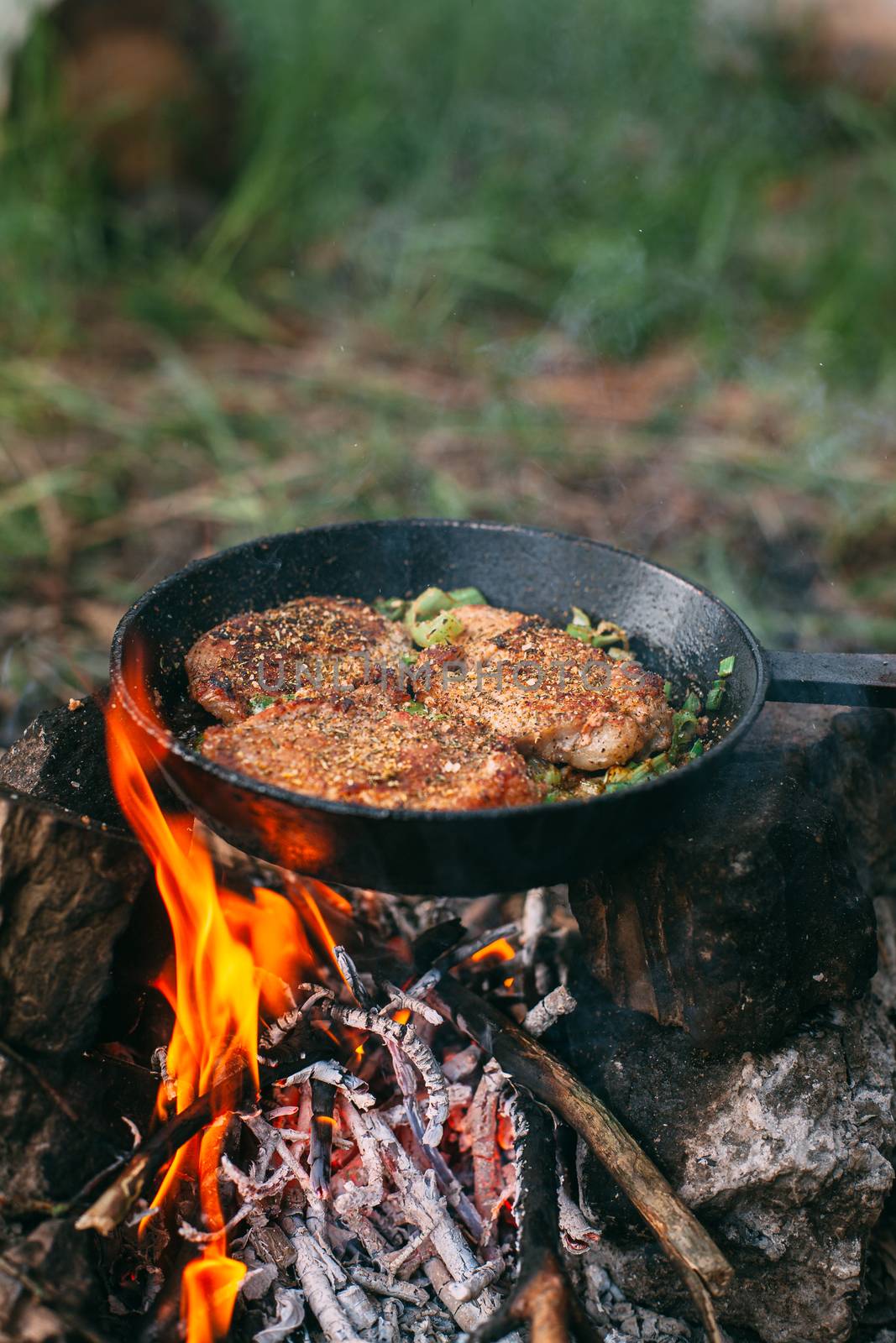 Frying meat in a pan over an open fire with leek. Steak in a pan on a fire. Cooking in nature. Picnic. Grill on fire.