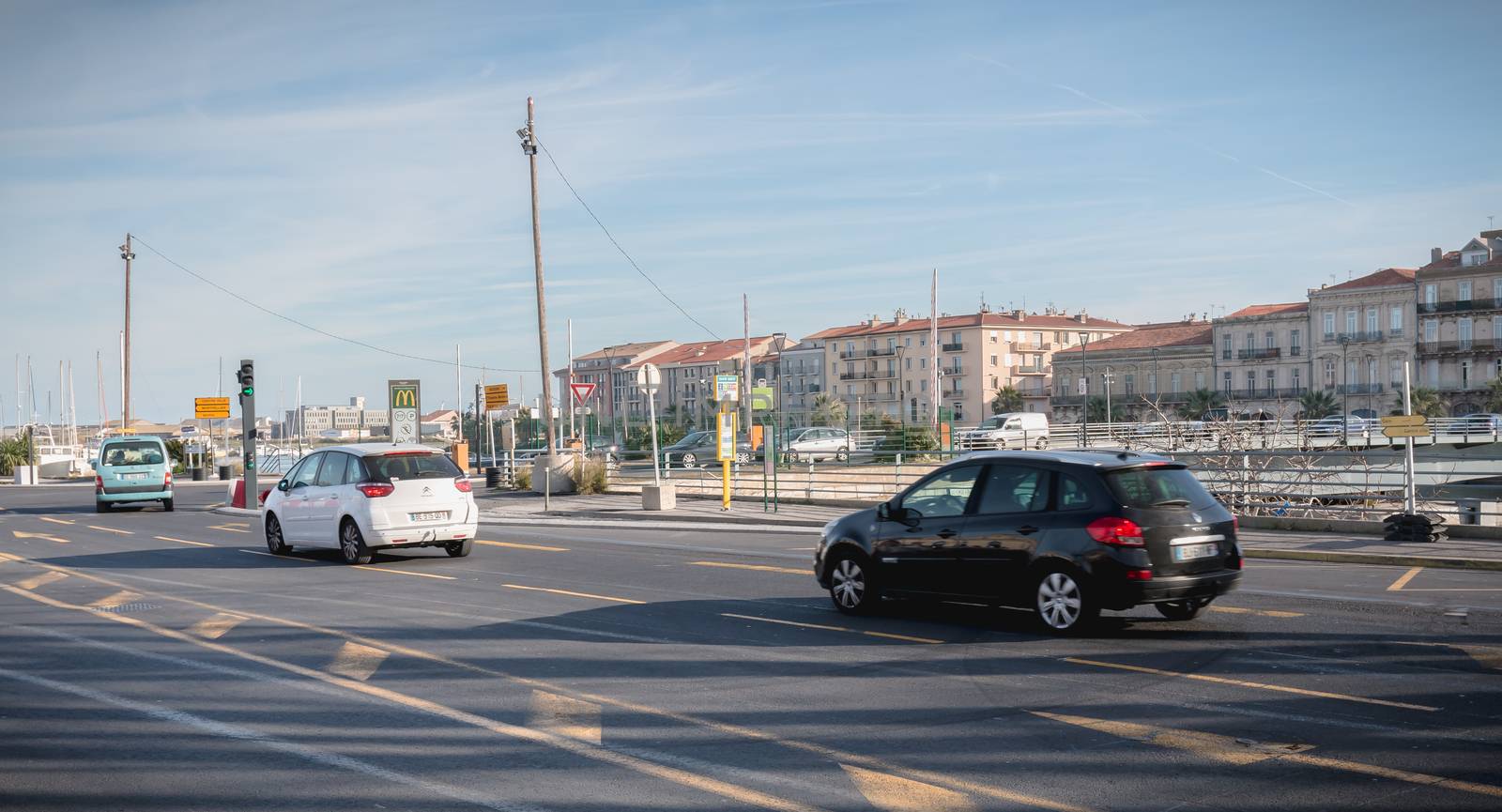 Sete, France - January 4, 2019: car traffic in the city center on a winter day