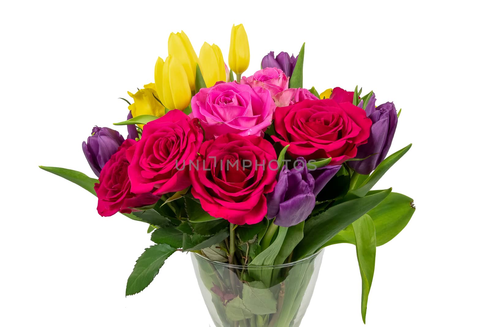 Bunch of Roses and Tulip flowers isolated on a white background