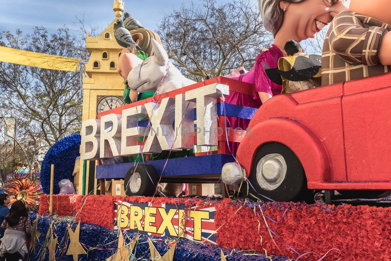 Loule, Portugal - February 25, 2020: BREXIT float parading in the street in front of the public in the parade of the traditional carnival of Loule city on a February day