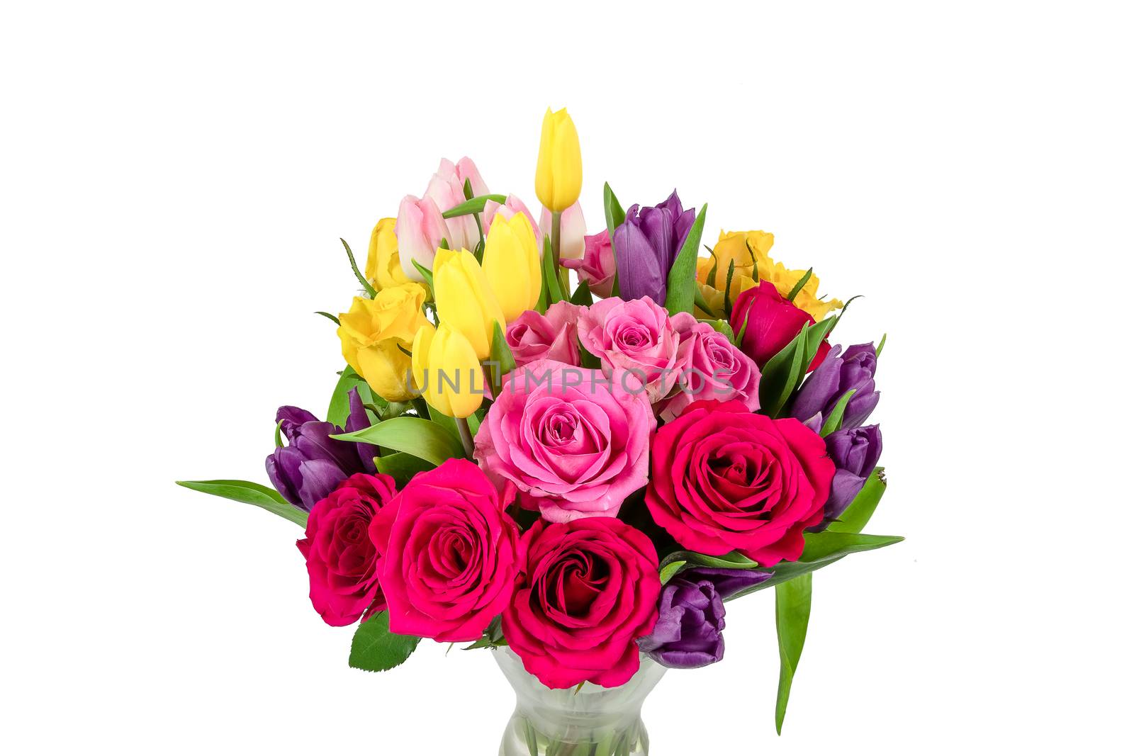 Bunch of Roses and Tulip flowers isolated on a white background