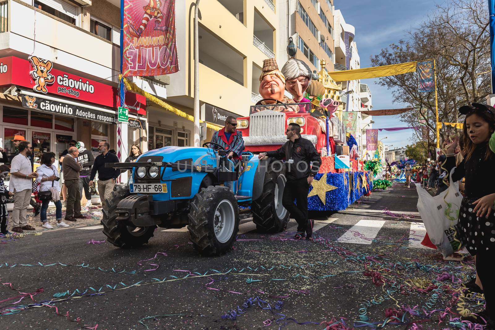Loule, Portugal - February 25, 2020: BREXIT float parading in the street in front of the public in the parade of the traditional carnival of Loule city on a February day
