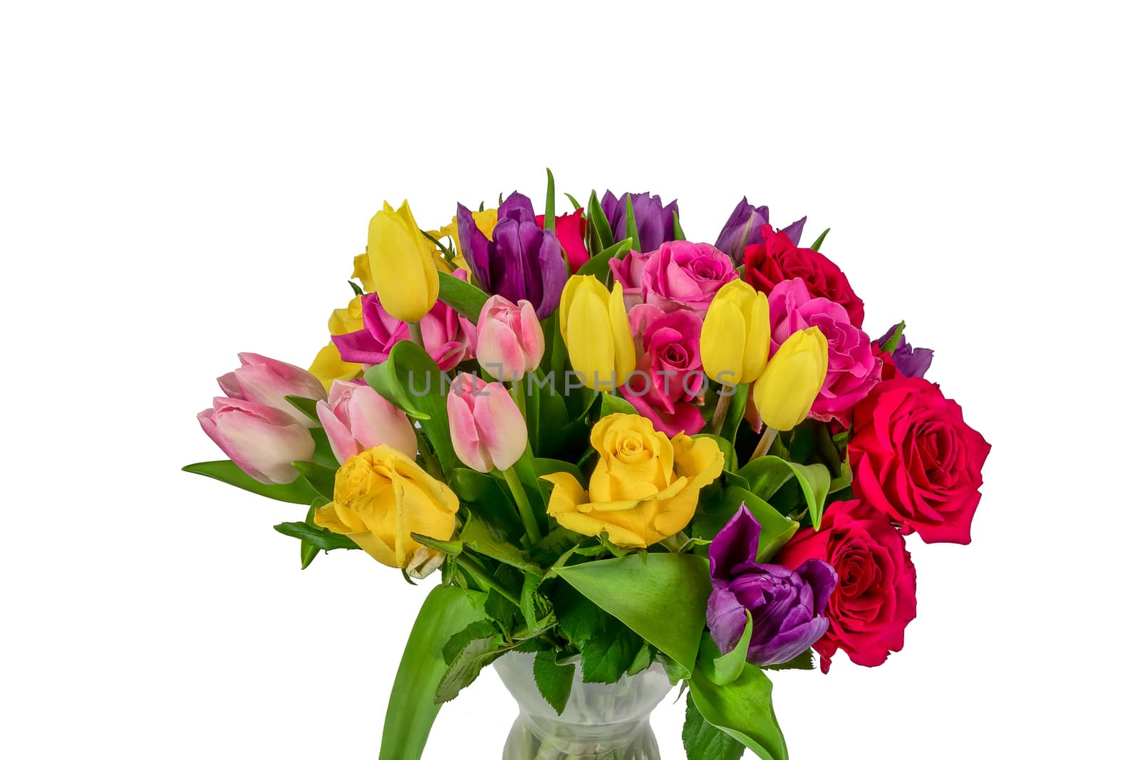 Bunch of Roses and Tulip flowers isolated on a white background