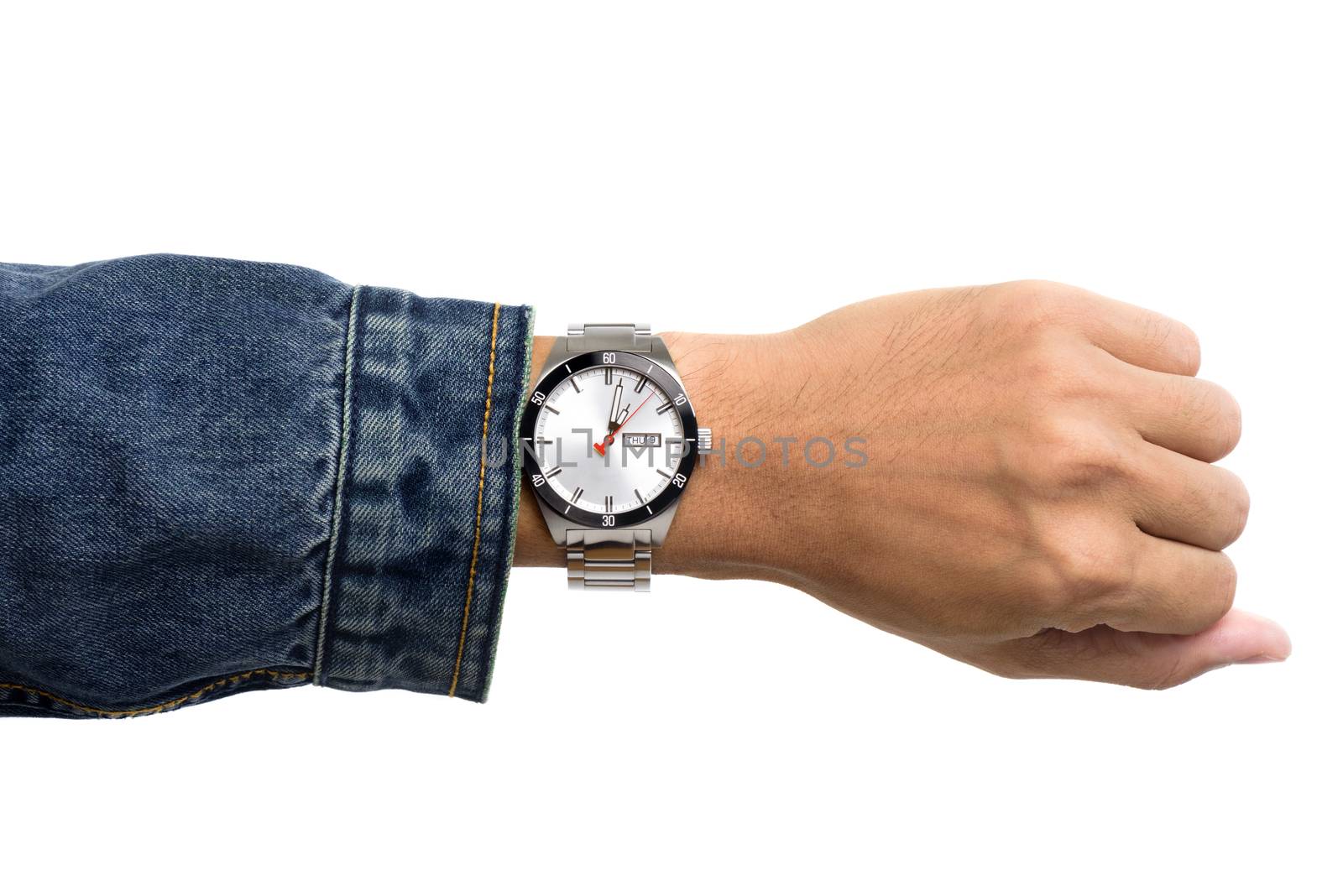 luxury watch on man's wrist over white background