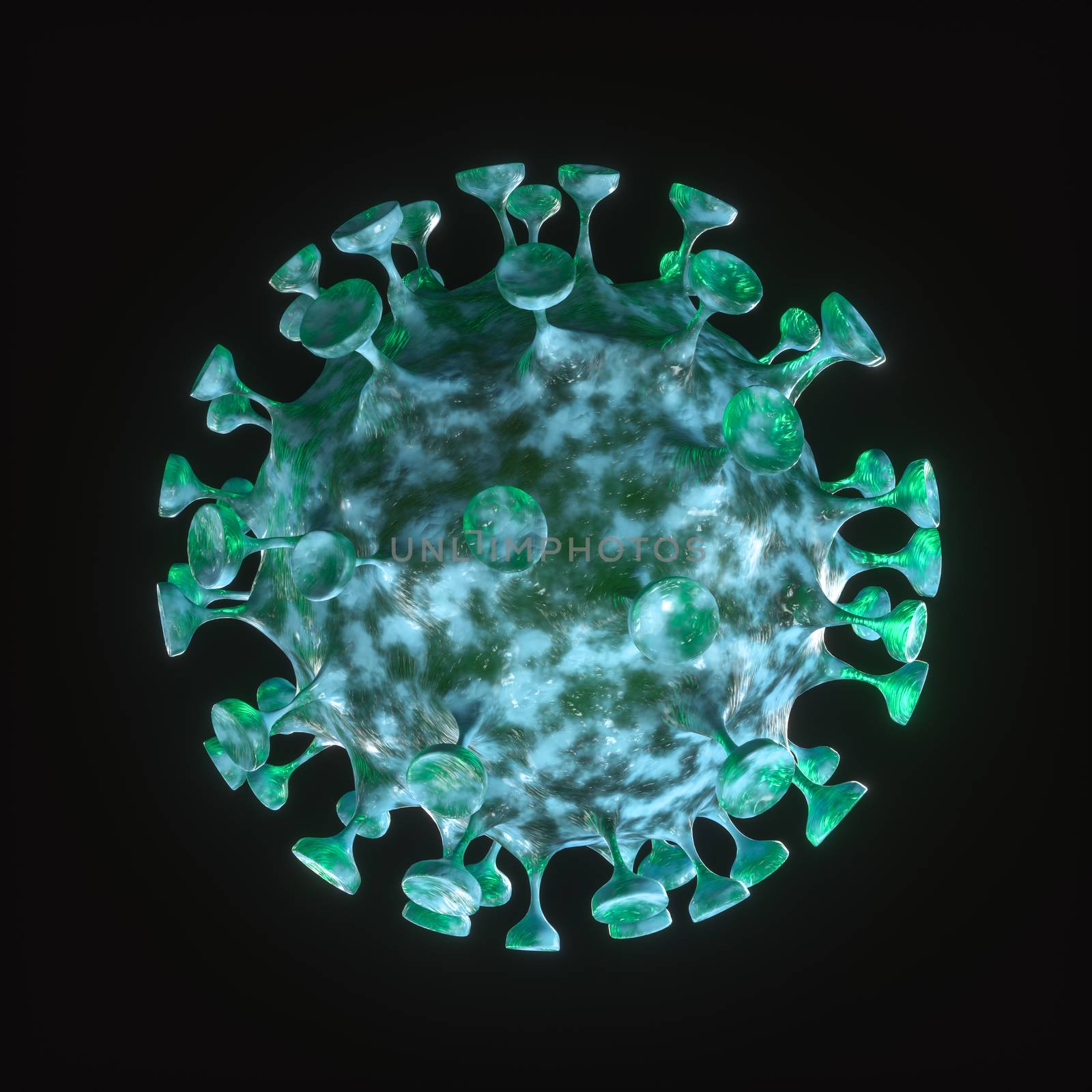 Dispersed corona viruses with dark background, 3d rendering. Computer digital drawing.