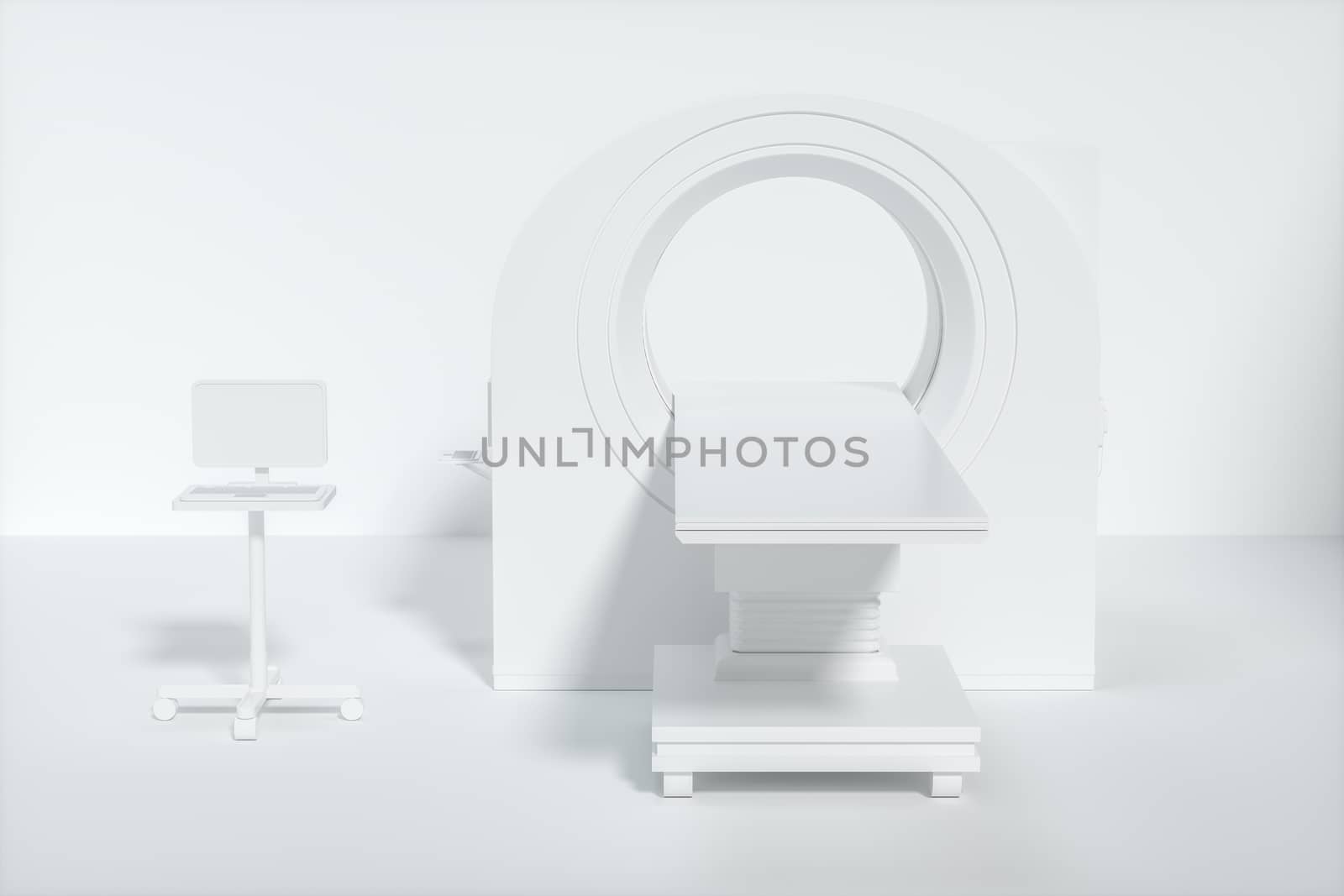 The medical equipment CT machine in the white empty room, 3d rendering. Computer digital drawing.