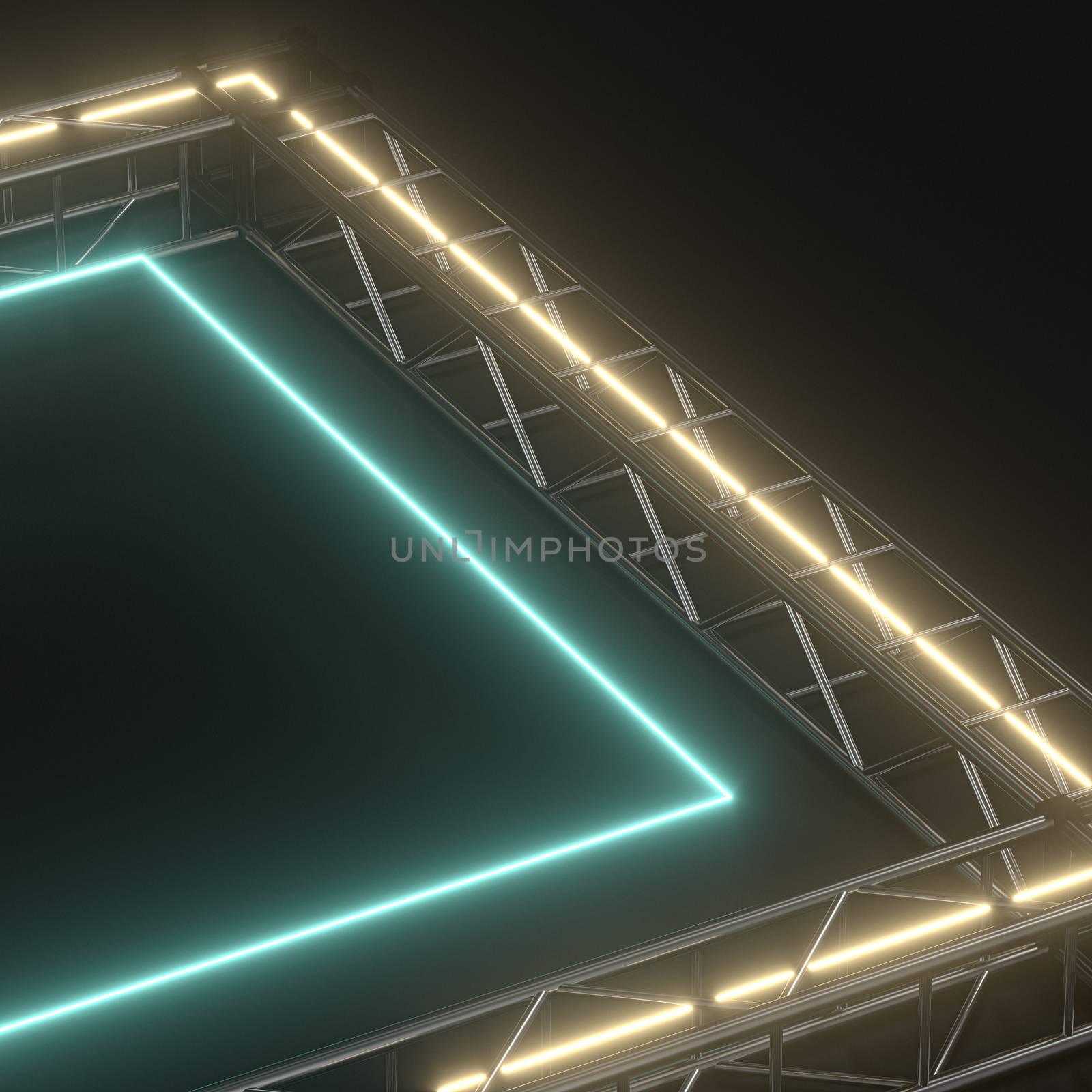 Steel frame and luminous cubes, 3d rendering. Computer digital drawing.