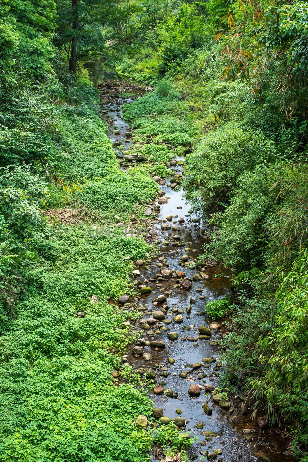 Stream river in the mountain aerial view in Jiezi, Sichuan province, China