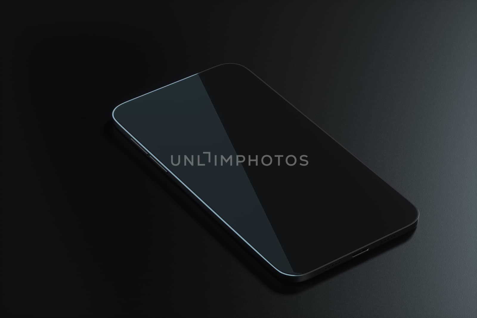 The black mobile phone on the black table, 3d rendering. Computer digital drawing.