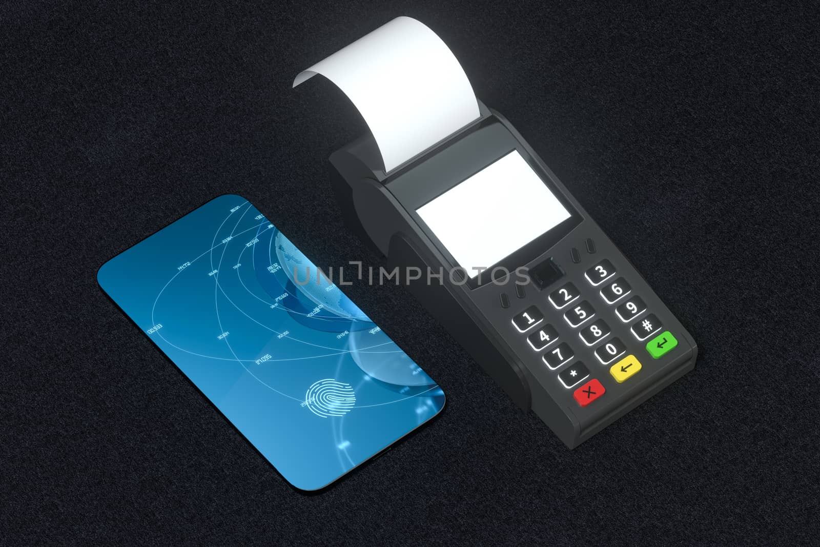 POS machine and mobile phone with fingerprint identification, 3d rendering. by vinkfan