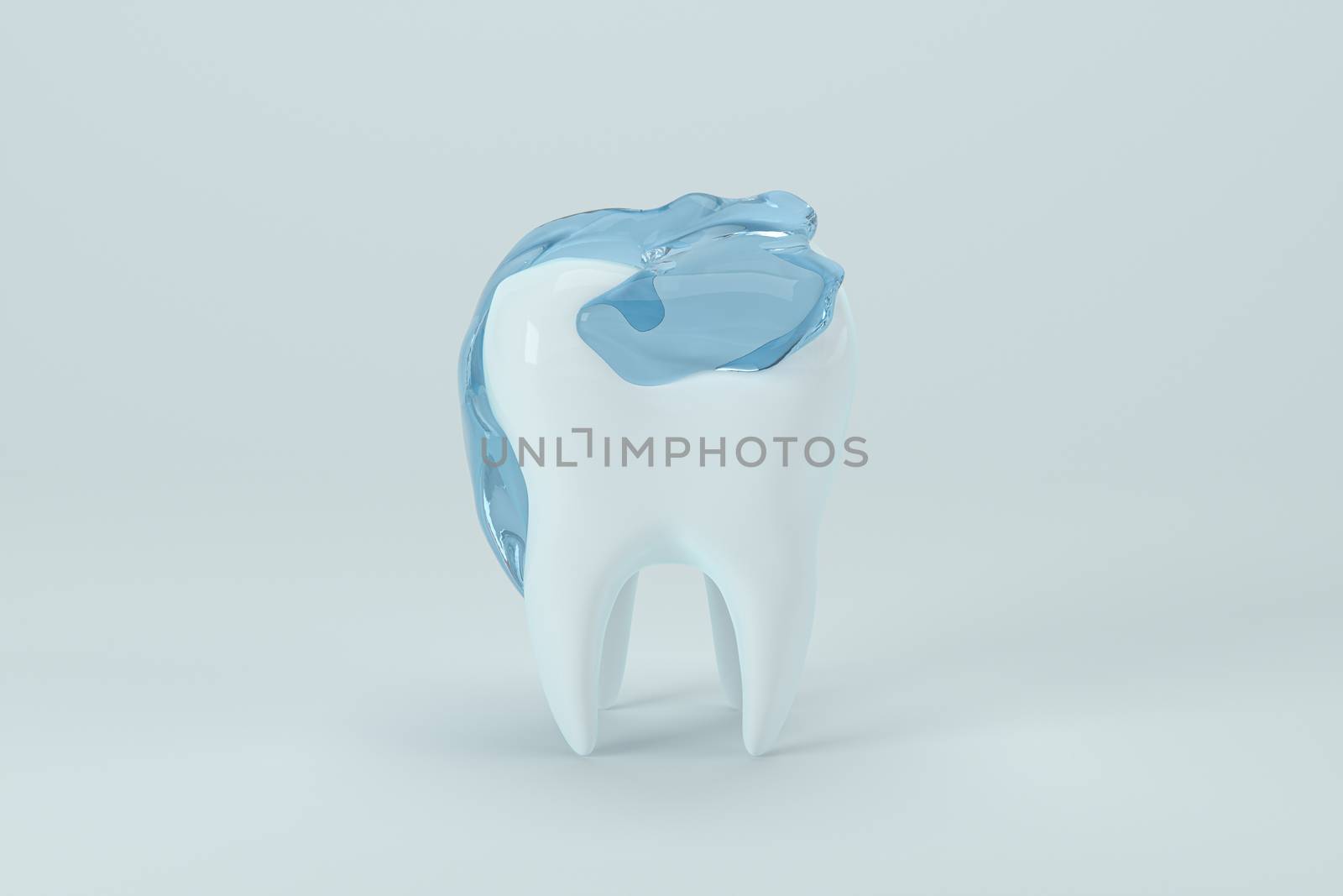 White tooth with blue liquid on it, 3d rendering. by vinkfan