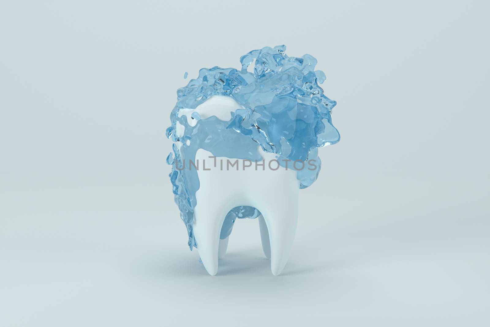 White tooth with blue liquid on it, 3d rendering. Computer digital drawing.