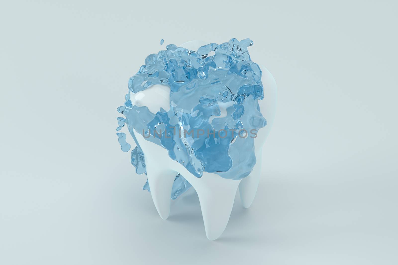 White tooth with blue liquid on it, 3d rendering. by vinkfan