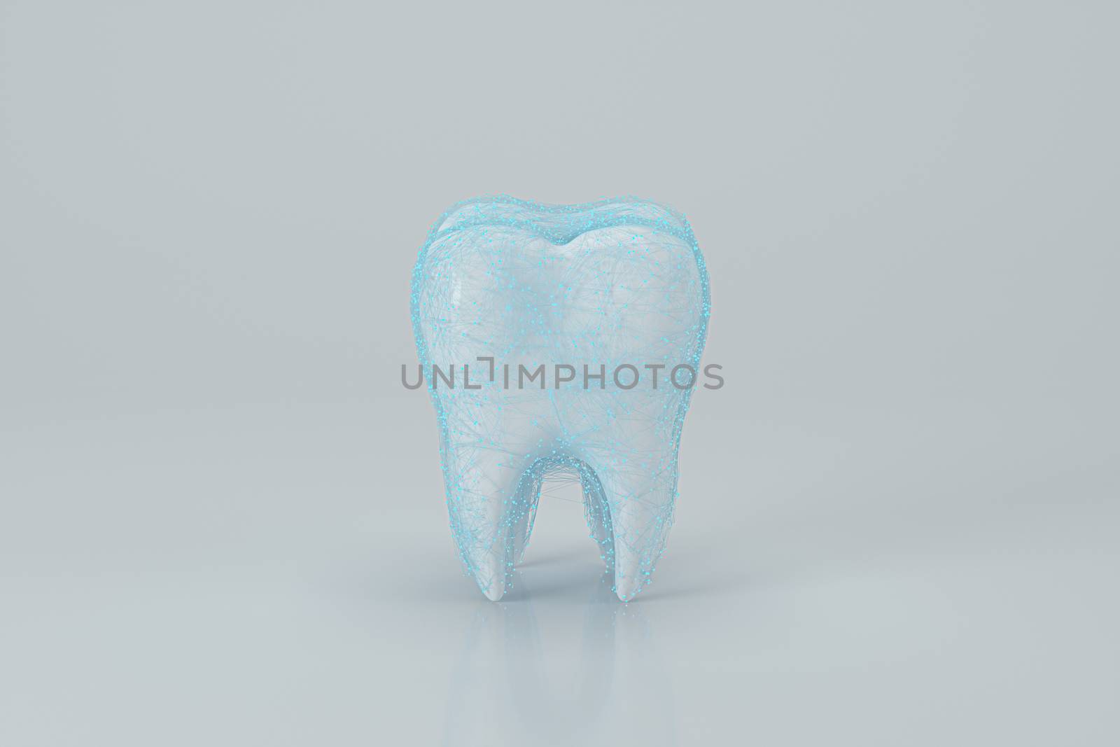 White tooth with blue protective film on it, 3d rendering. Computer digital drawing.
