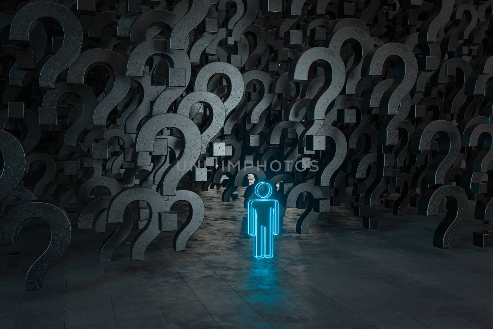 Glowing question marks with dark background, 3d rendering. by vinkfan