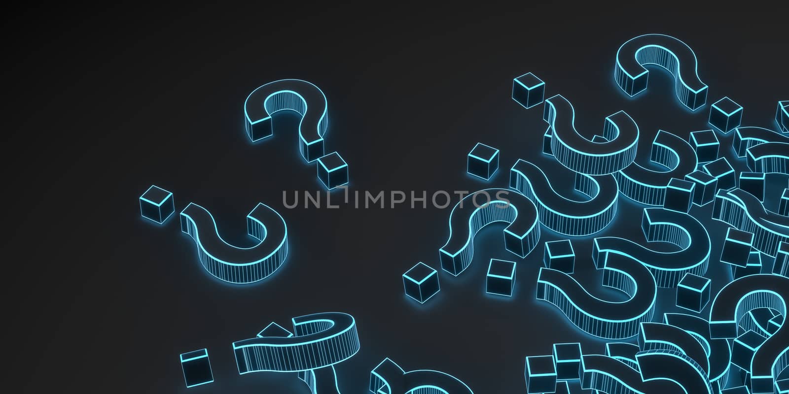 Glowing question marks with dark background, 3d rendering. Computer digital drawing.