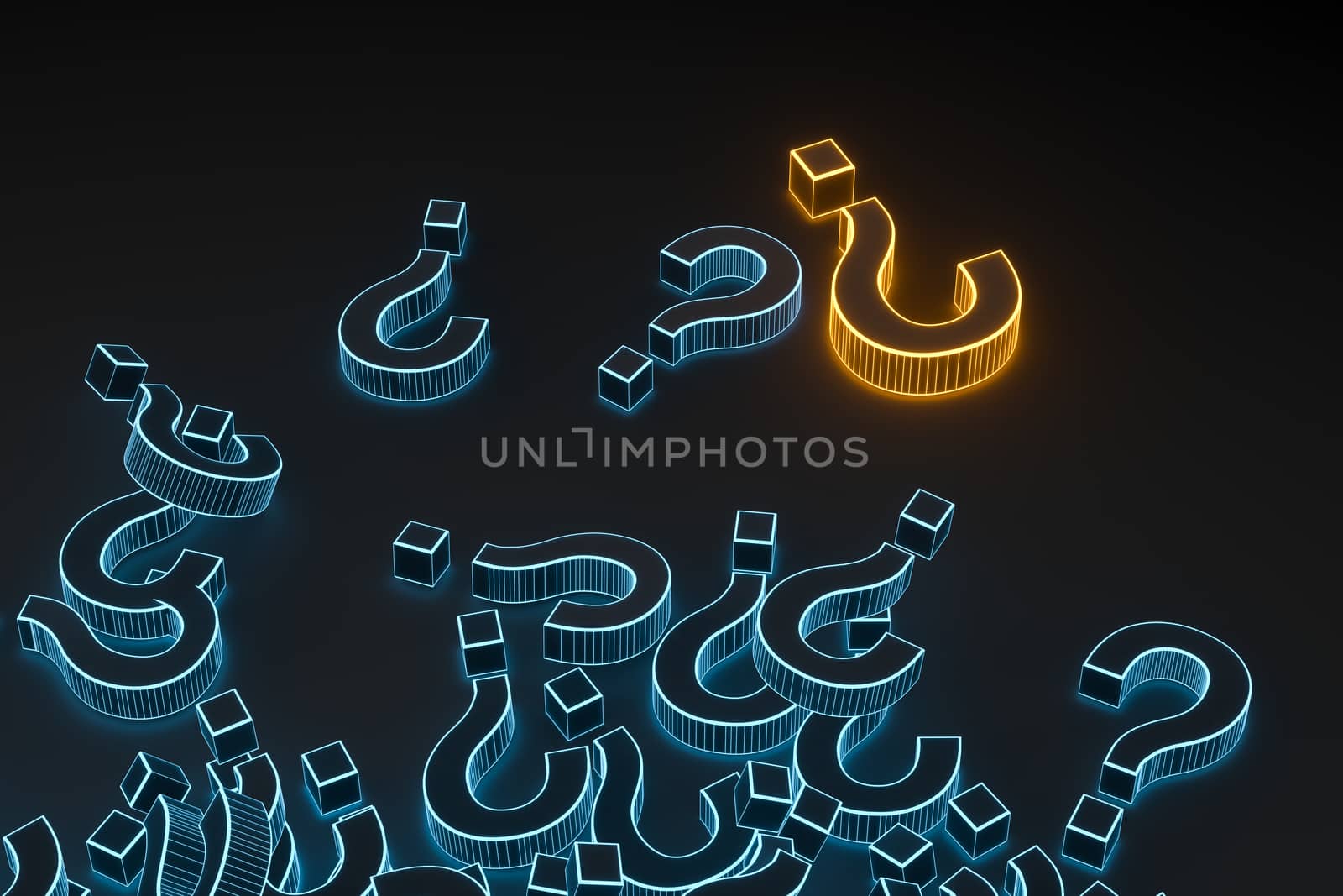 Glowing question marks with dark background, 3d rendering. by vinkfan