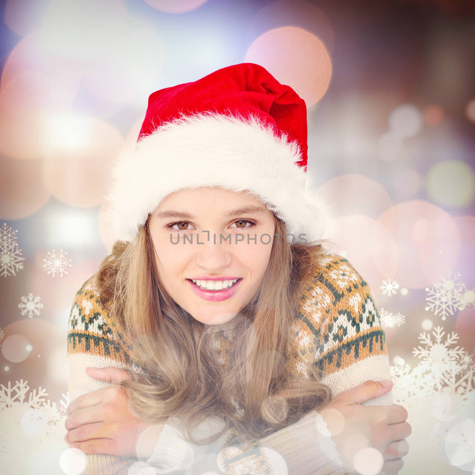 Happy hipster smiling at camera  against snowflake pattern