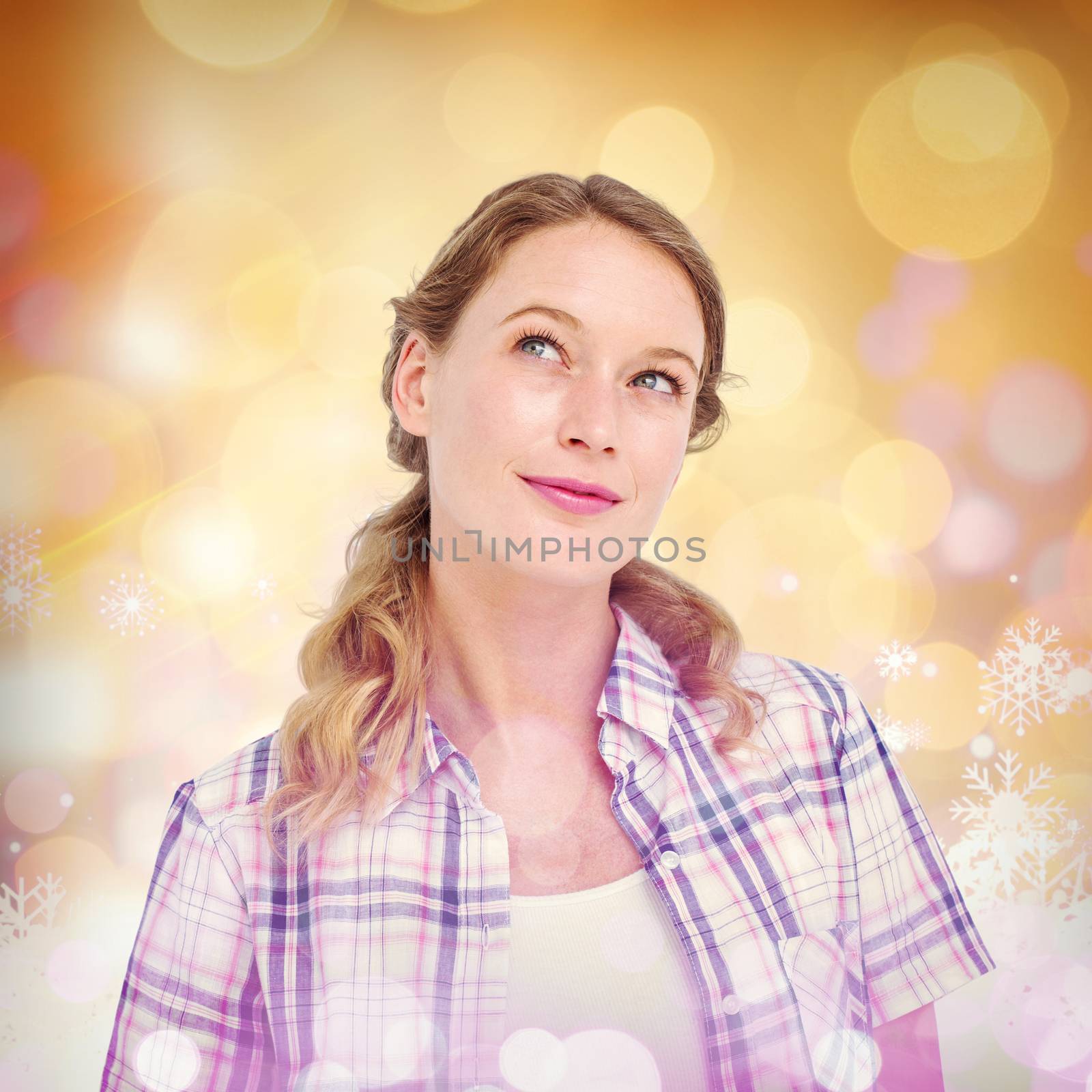 Thoughtful pretty hipster  against snowflake pattern