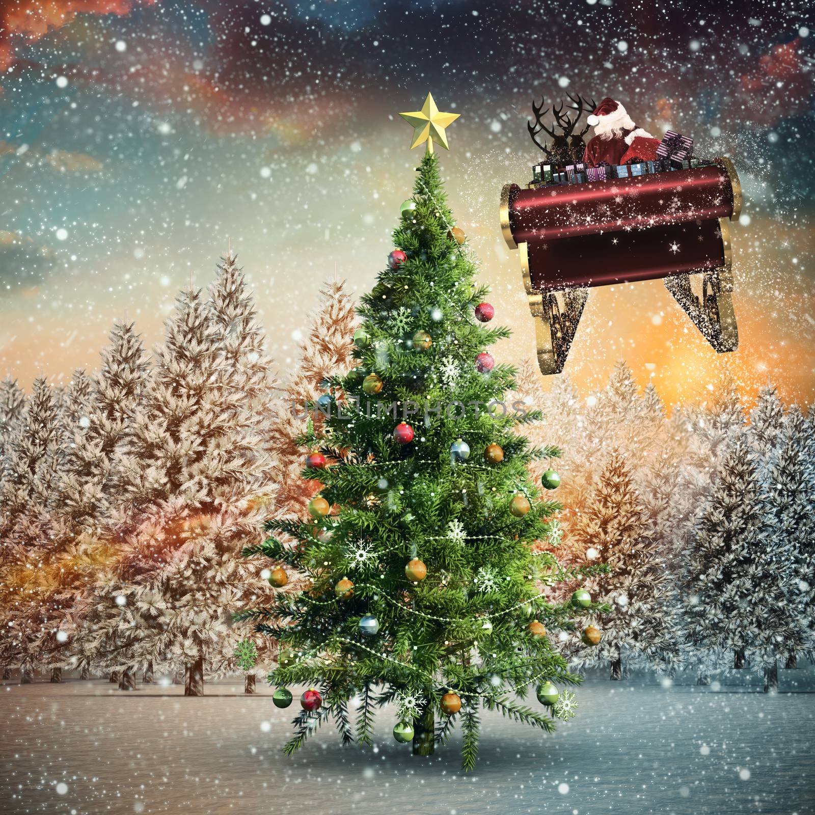 Santa flying his sleigh against christmas tree in snowy landscape