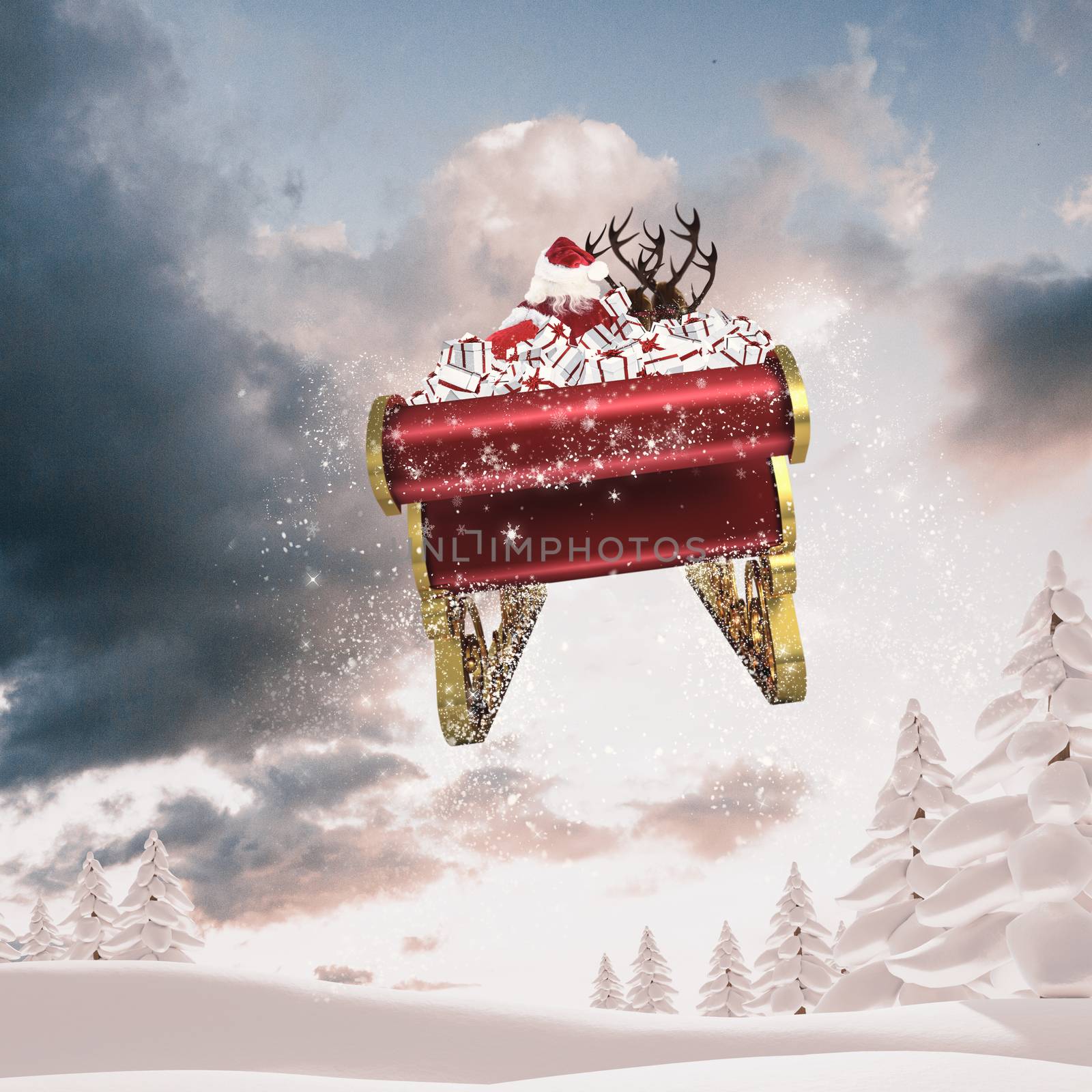 Santa flying his sleigh against snowy landscape with fir trees