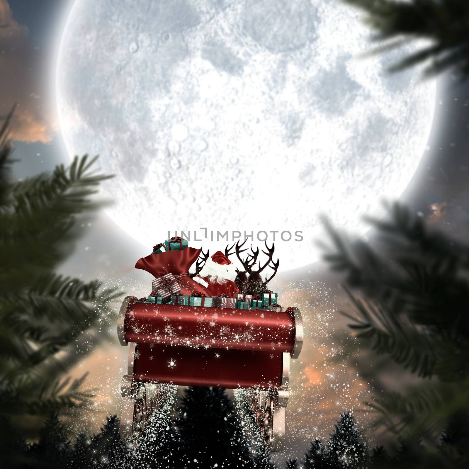 Santa flying his sleigh against full moon over forest