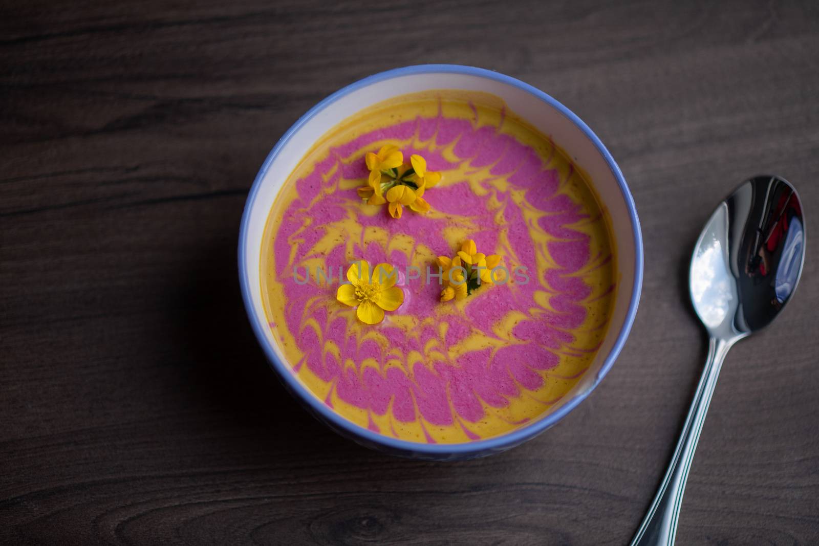 Cream pumpkin and beet soup with fresh yellow flowers by adamr