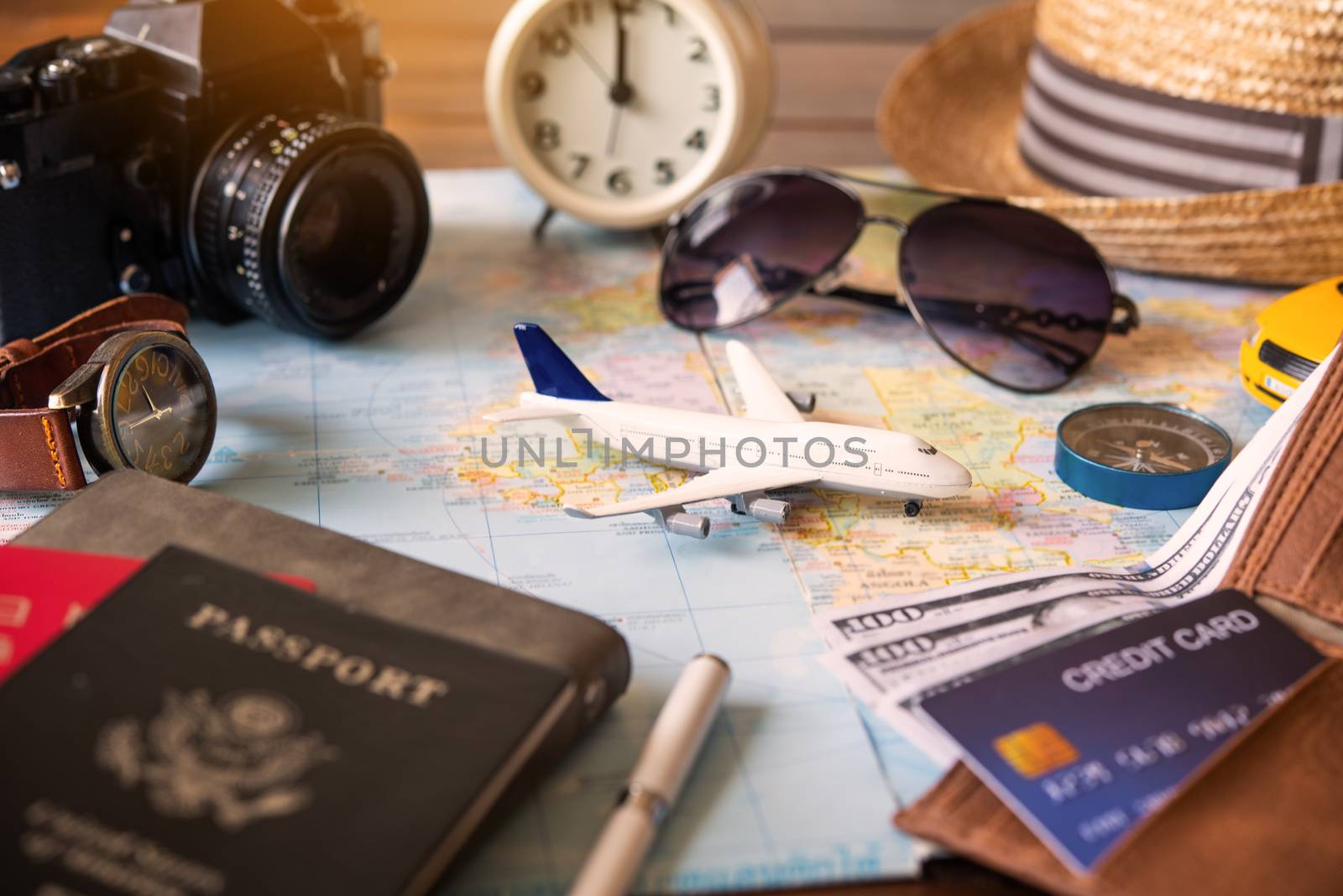The plane is placed on the map and has a passport to convey the plan and travel.
