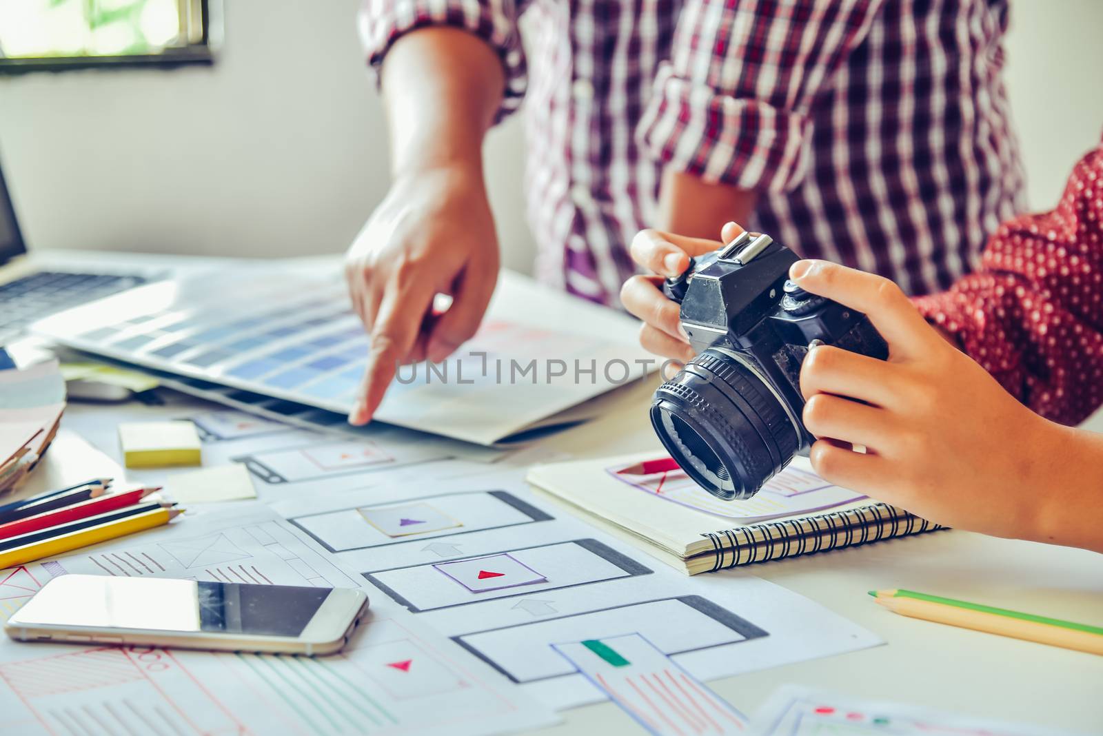 designer graphic creative ,creativity woman  working on camara and designing  coloring colour ideas style