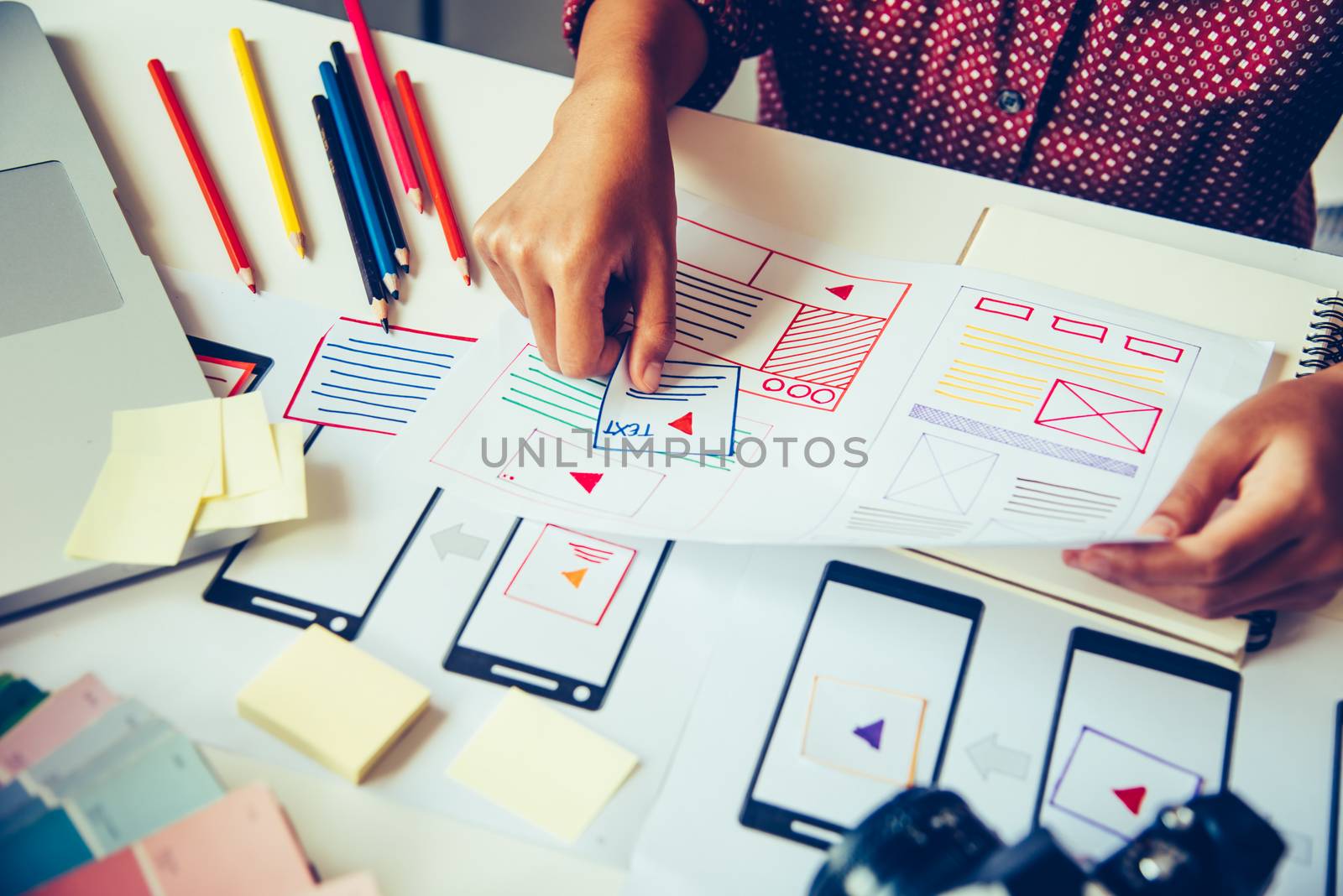 designer graphic creative ,creativity woman  working on laptop and designing  coloring color ideas style