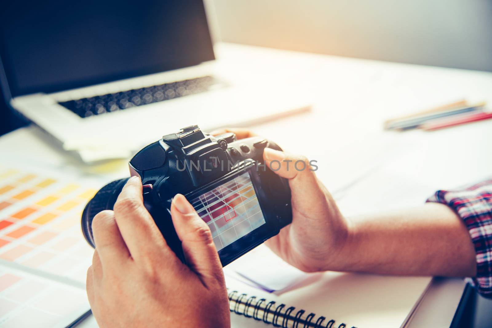 designer graphic creative ,creativity woman  working on camara and designing  coloring colour ideas style