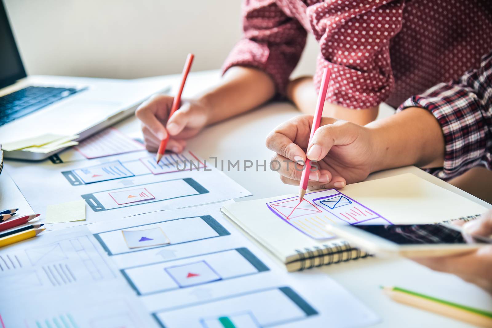 Website designer Creative planning application development  graphic creative ,creativity woman  working on laptop and designing  coloring color ideas style