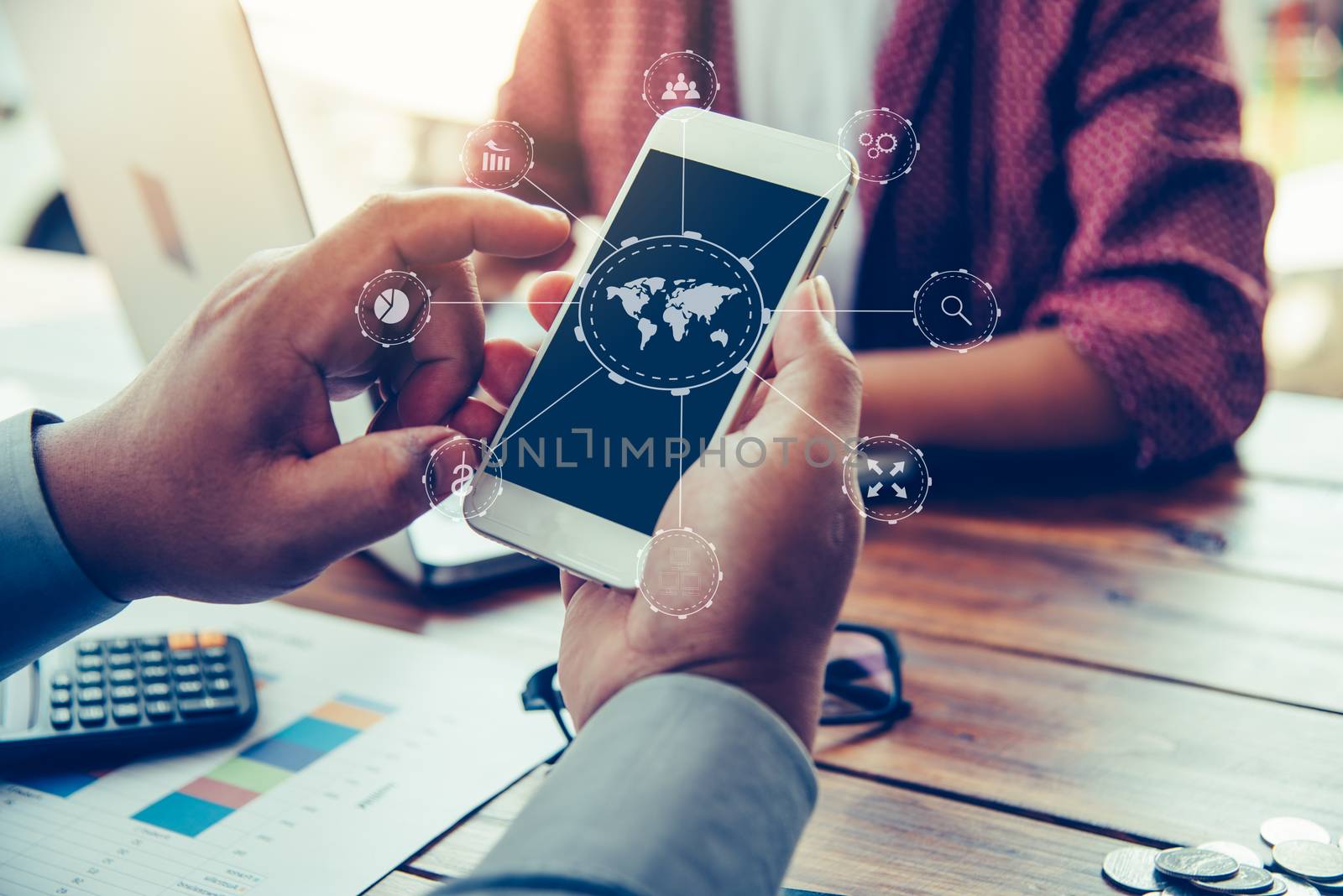 hands business holding blank screen mobile in desk work.