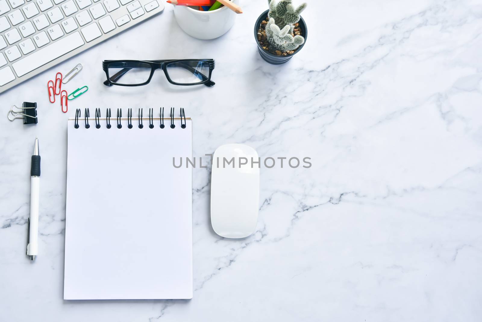 flat lay photo of workspace.  Top view mock up notebooks