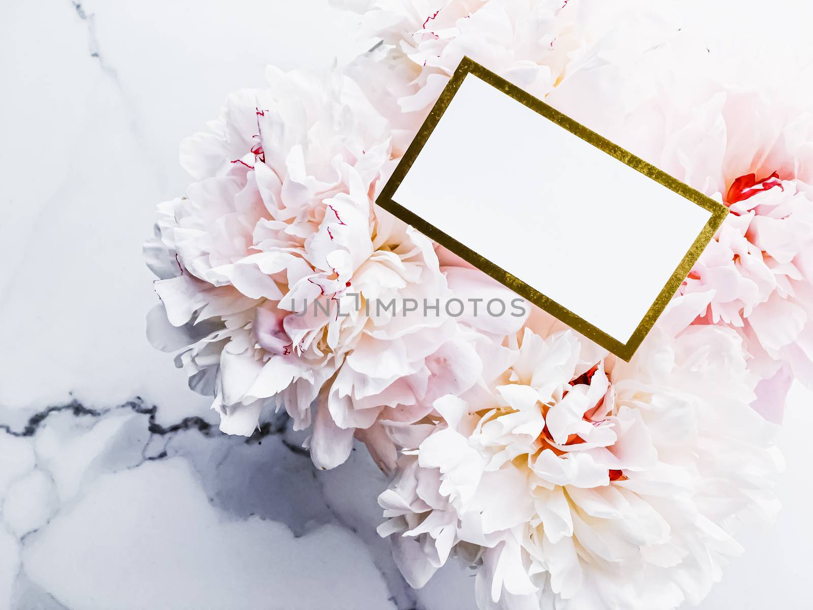 Glamorous business card or invitation mockup and bouquet of peony flowers, wedding and event branding design