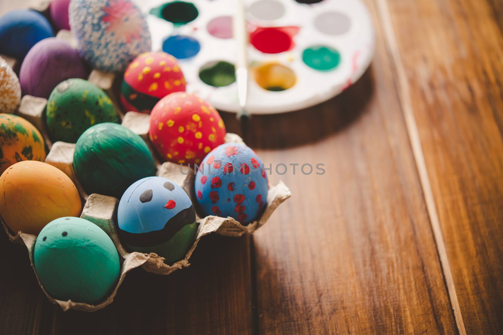 Easter eggs on wooden background