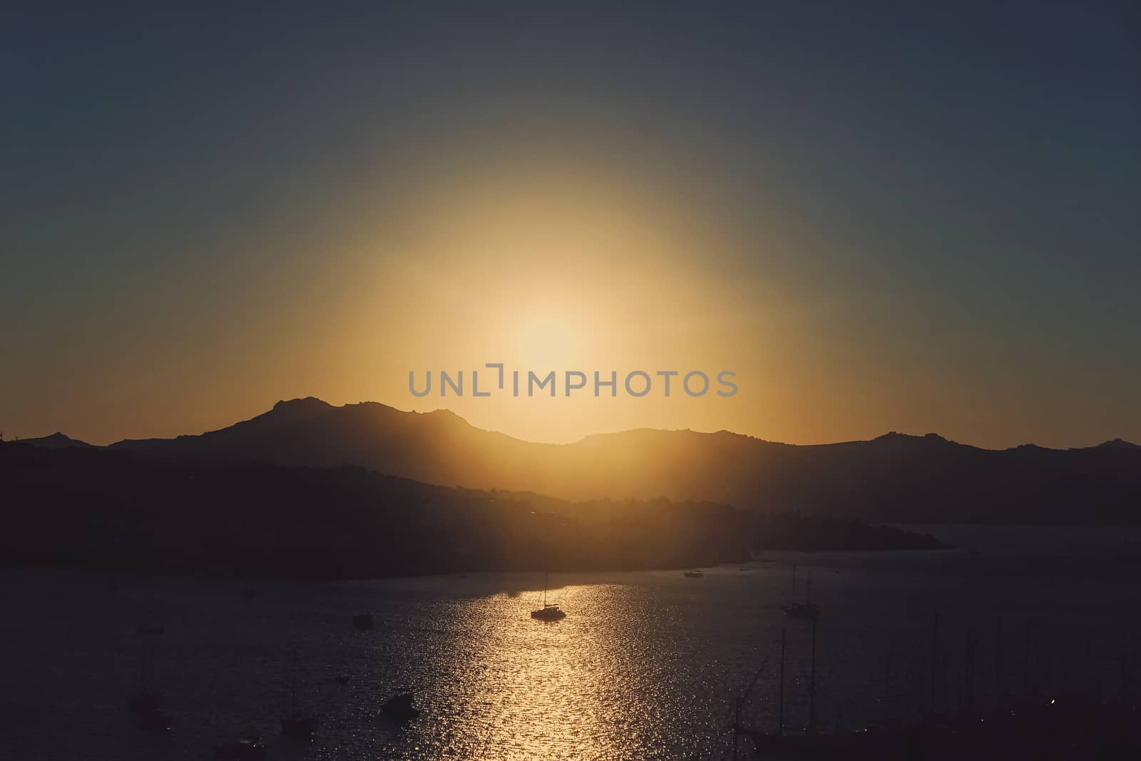 Beautiful sea view and mountains in the Mediterranean at sunset, summer vacation travel and holiday destination