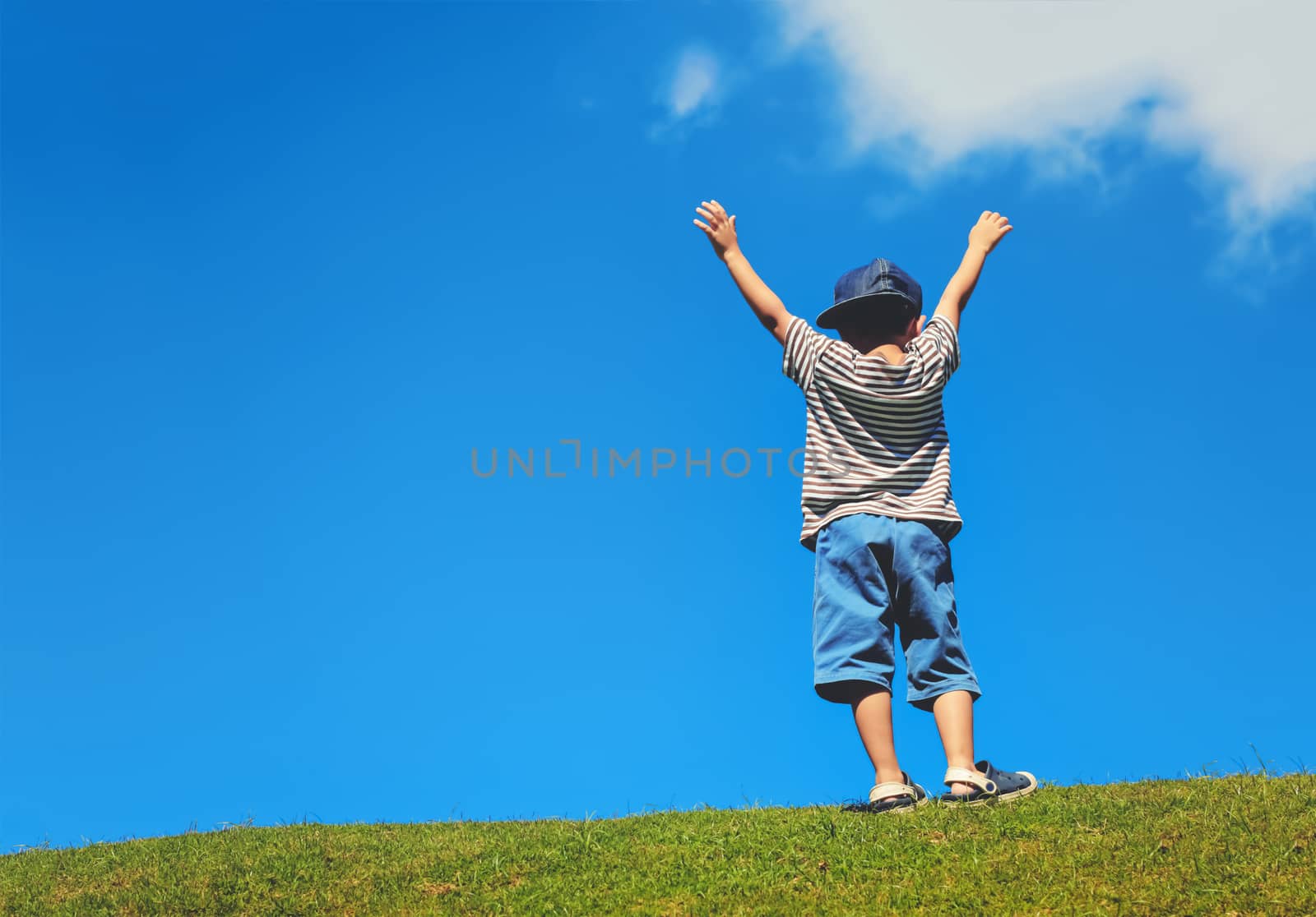 happy boy on green grass against blue sky background