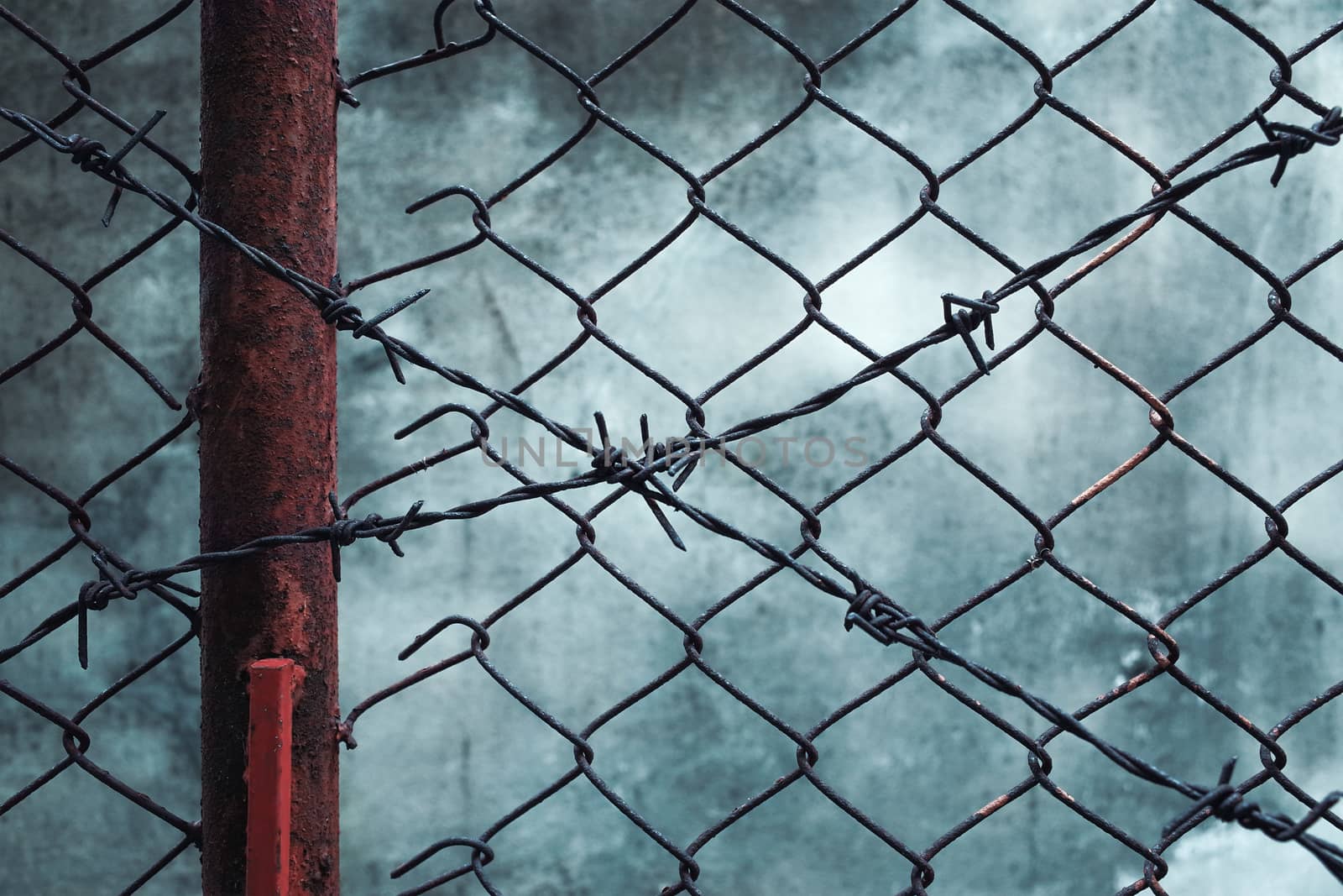rusty barbed wire with grunge wall background